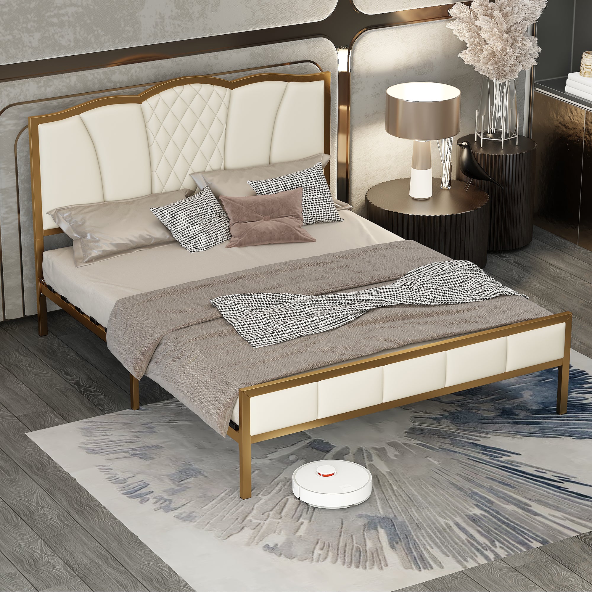🆓🚛 Queen Size Bed Frame, Modern Upholstered Bed Frame with Tufted Headboard, Golden Metal Platform Bed Frame with Wood Slat Support, Noise Free, No Box Spring Needed, Beige