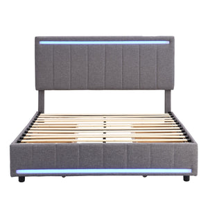 Full Size Upholstered Bed with LED Light and 4 Drawers,  Modern Platform Bed with a set of Sockets and USB Ports, Linen Fabric, Gray