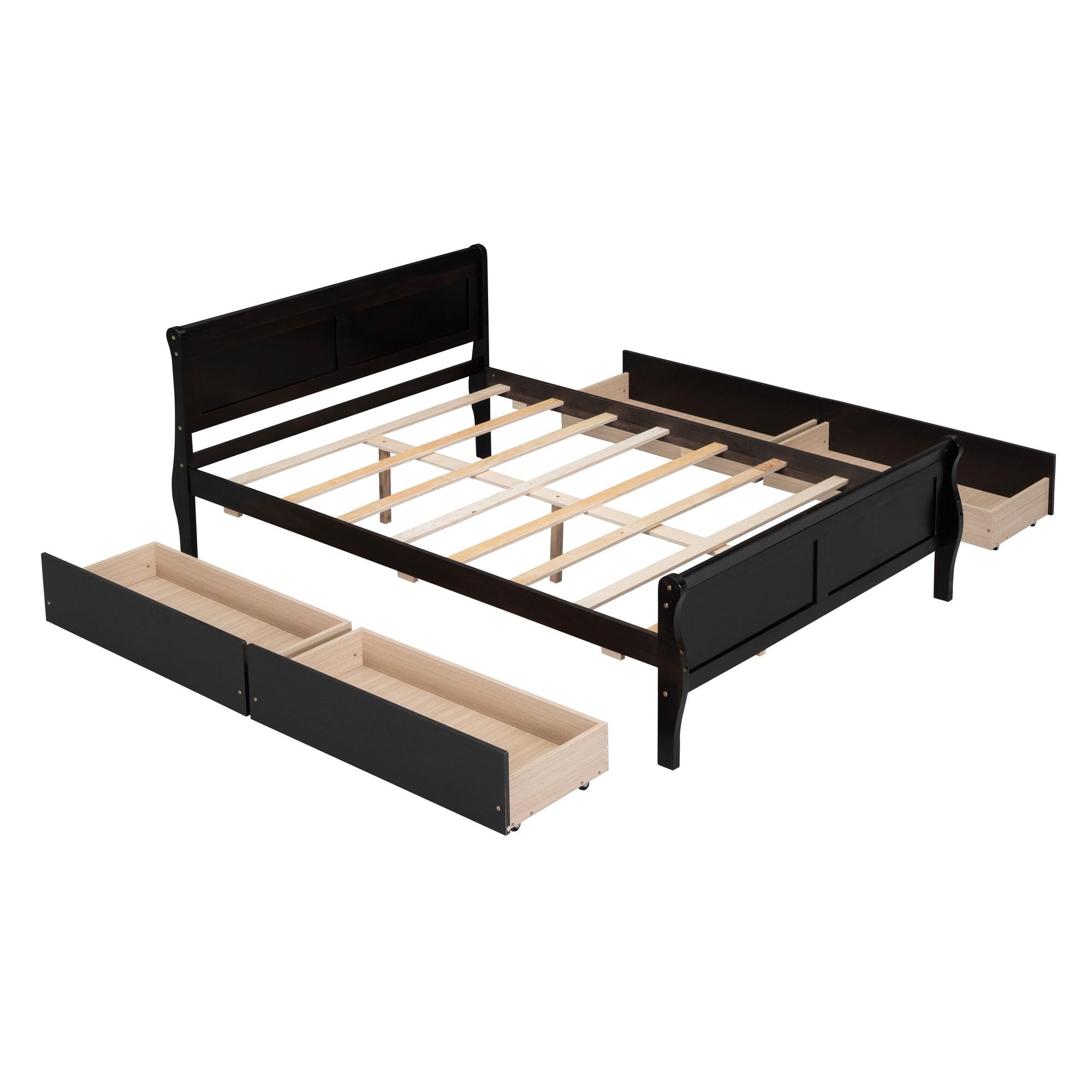 Full Size Wood Platform Bed with 4 Drawers and Streamlined Headboard & Footboard, Espresso