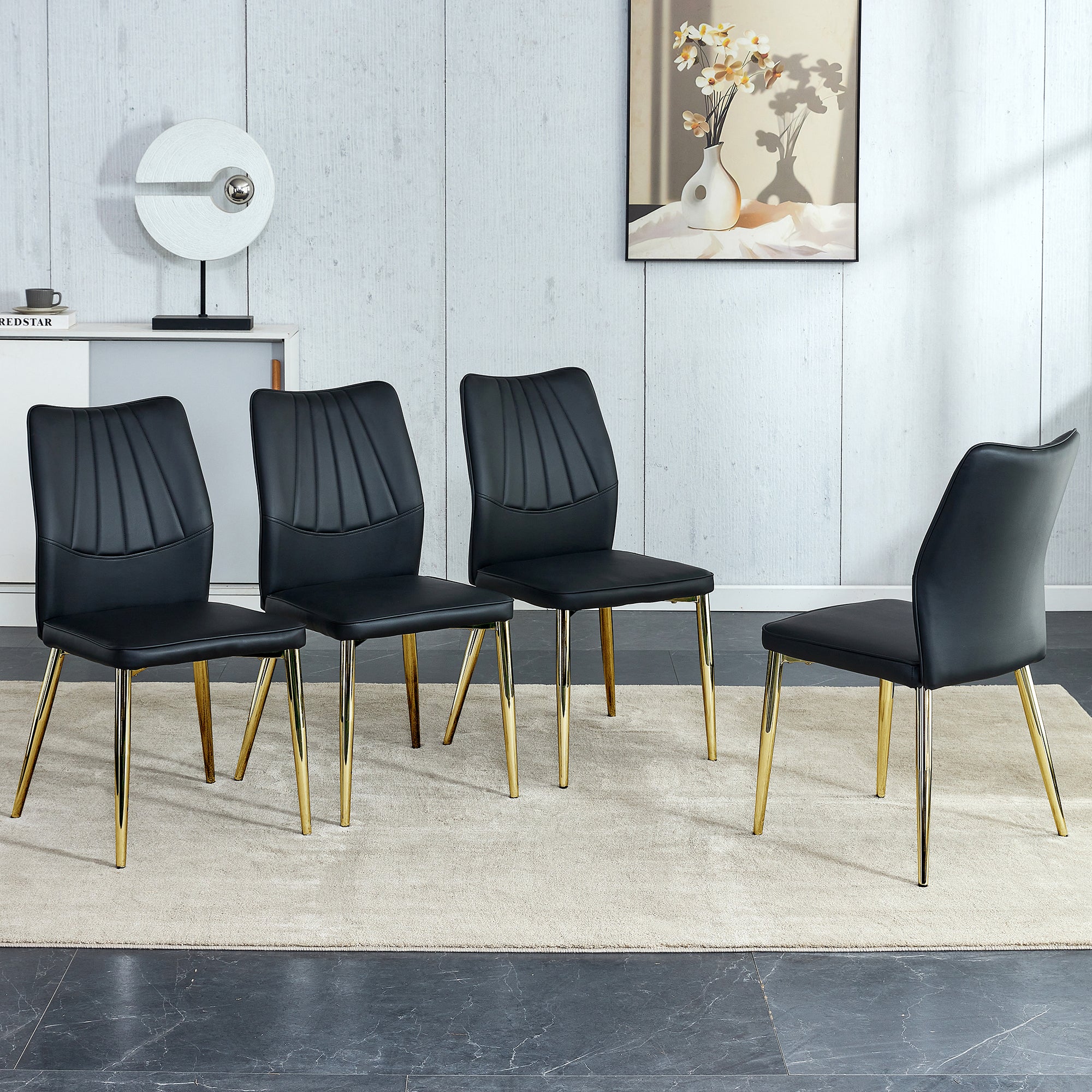 🆓🚛 4 Pu Dining Chairs With Soft Cushions, Golden Metal Legs, Suitable for Restaurants & Living Rooms, Black