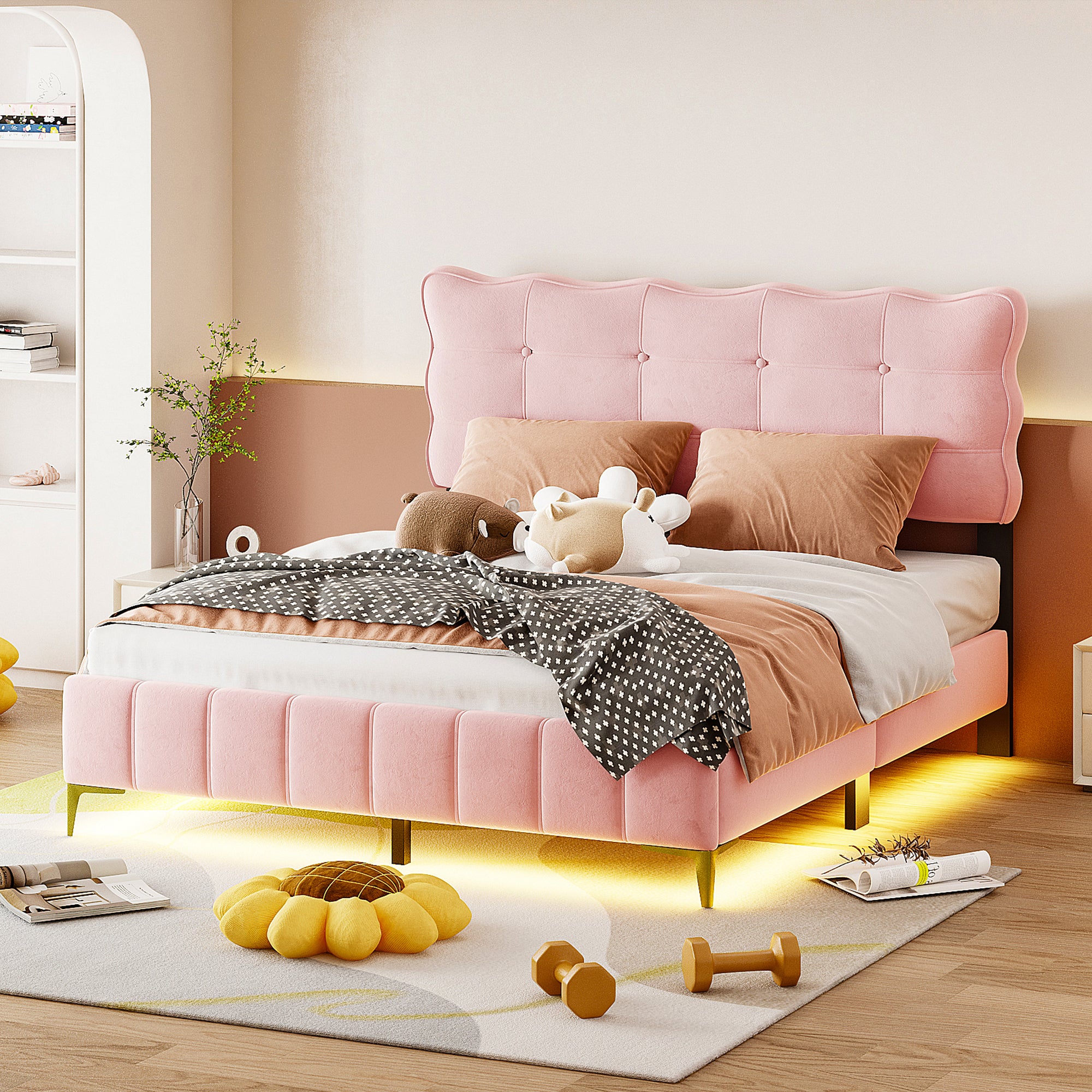 🆓🚛 Queen Size Velvet Platform Bed with LED Frame and Stylish Mental Bed Legs, Pink
