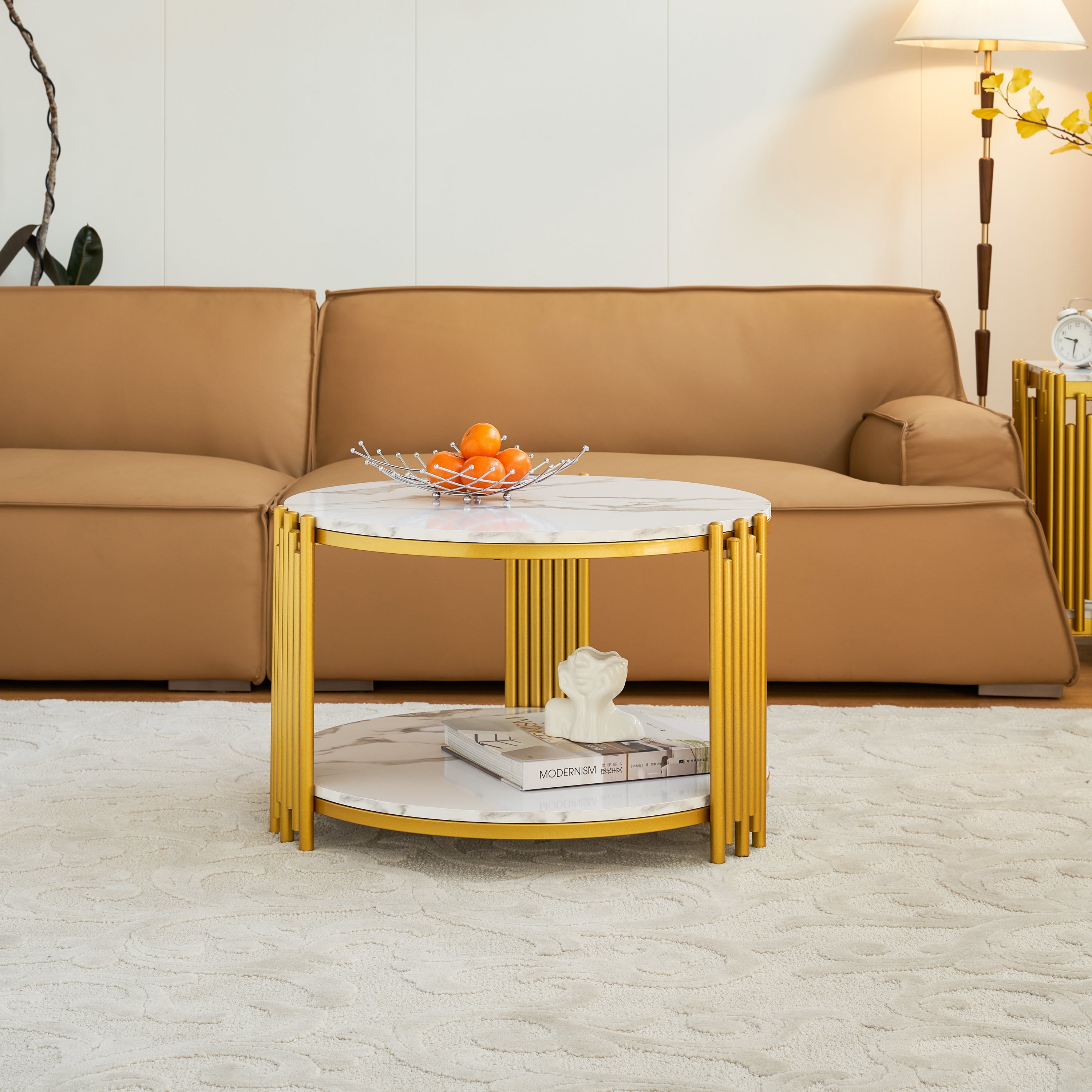 28.35 Inches Round Coffee Table, Small Coffee Table With Storage, Faux Marbling Top & Sturdy Metal Legs, Modern Sofa Table for Living Room, Small Spaces, Home Furniture With Storage Open Shelf.(Gold)