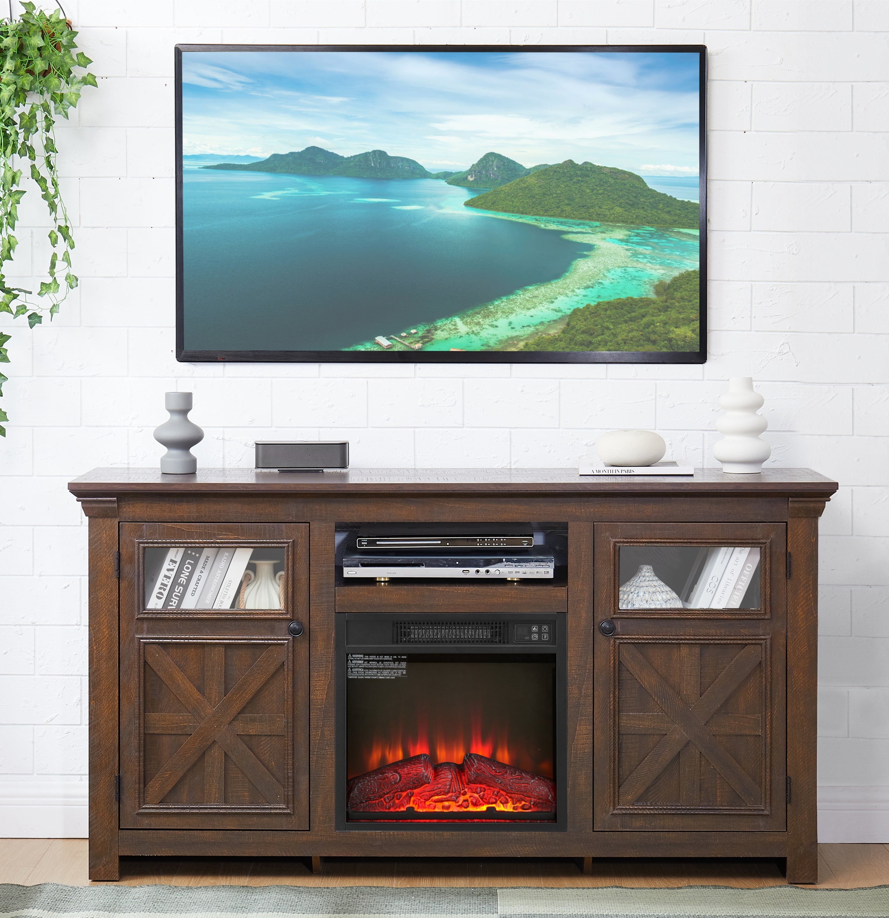 2 Doors Cabinet Farmhouse Cabinet, Farmhouse TV Stand Barn Design, Farmhouse TV Media Stand, Large Barn Inspired Home Entertainment Console With 18" Fireplace Insert, Espresso, 60.23"W*15.35"D*31.7"H