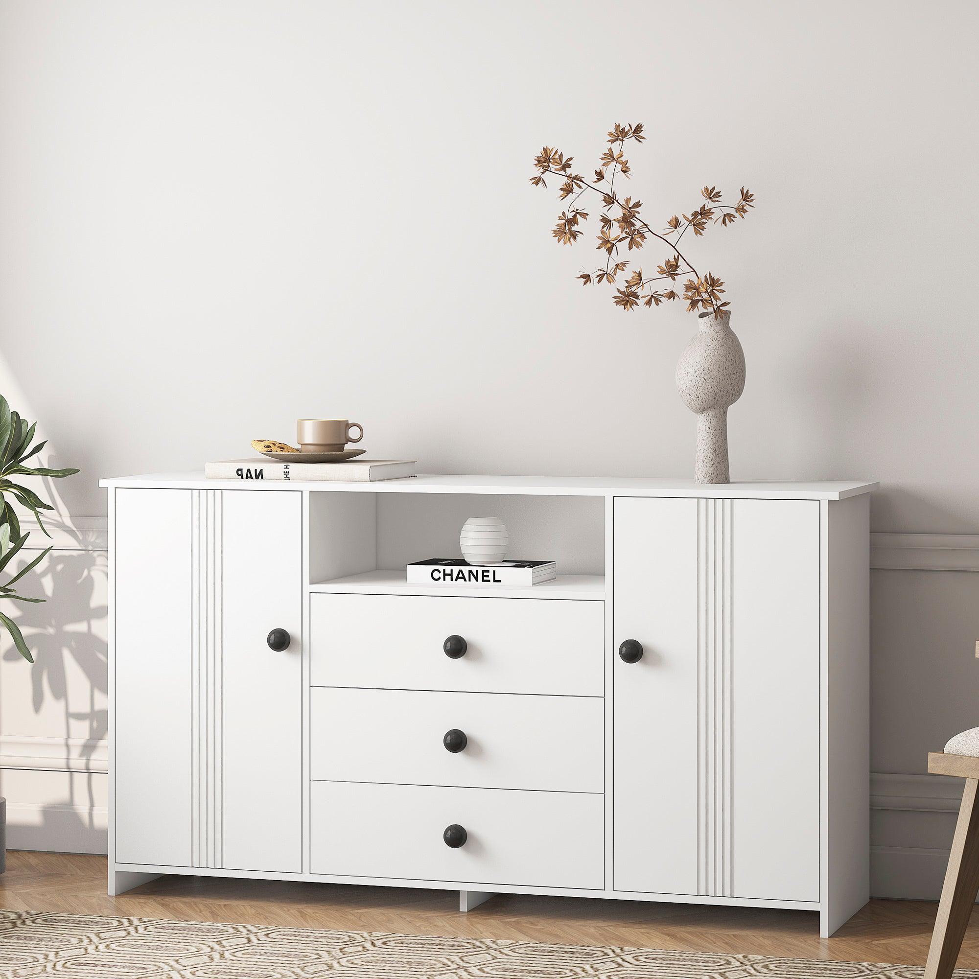 🆓🚛 Sideboard Buffet Cabinet With Storage, Modern Kitchen Buffet Storage Cabinet With Drawer & Doors, 47" Large Coffee Bar With Adjustable Shelves for Kitchen, White
