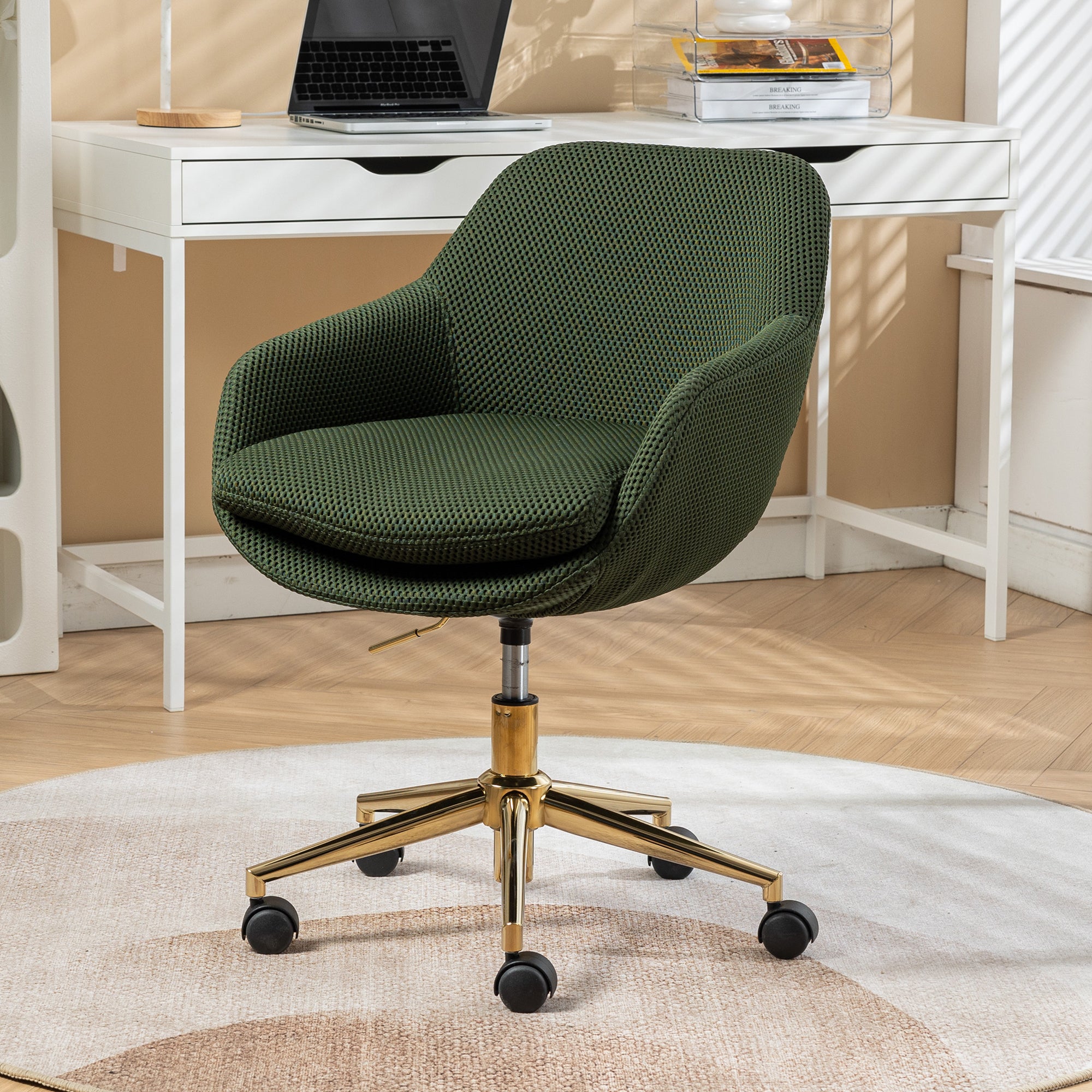 🆓🚛 Mesh Fabric Home Office 360° Swivel Chair, Adjustable Height With Gold Metal Base, Green