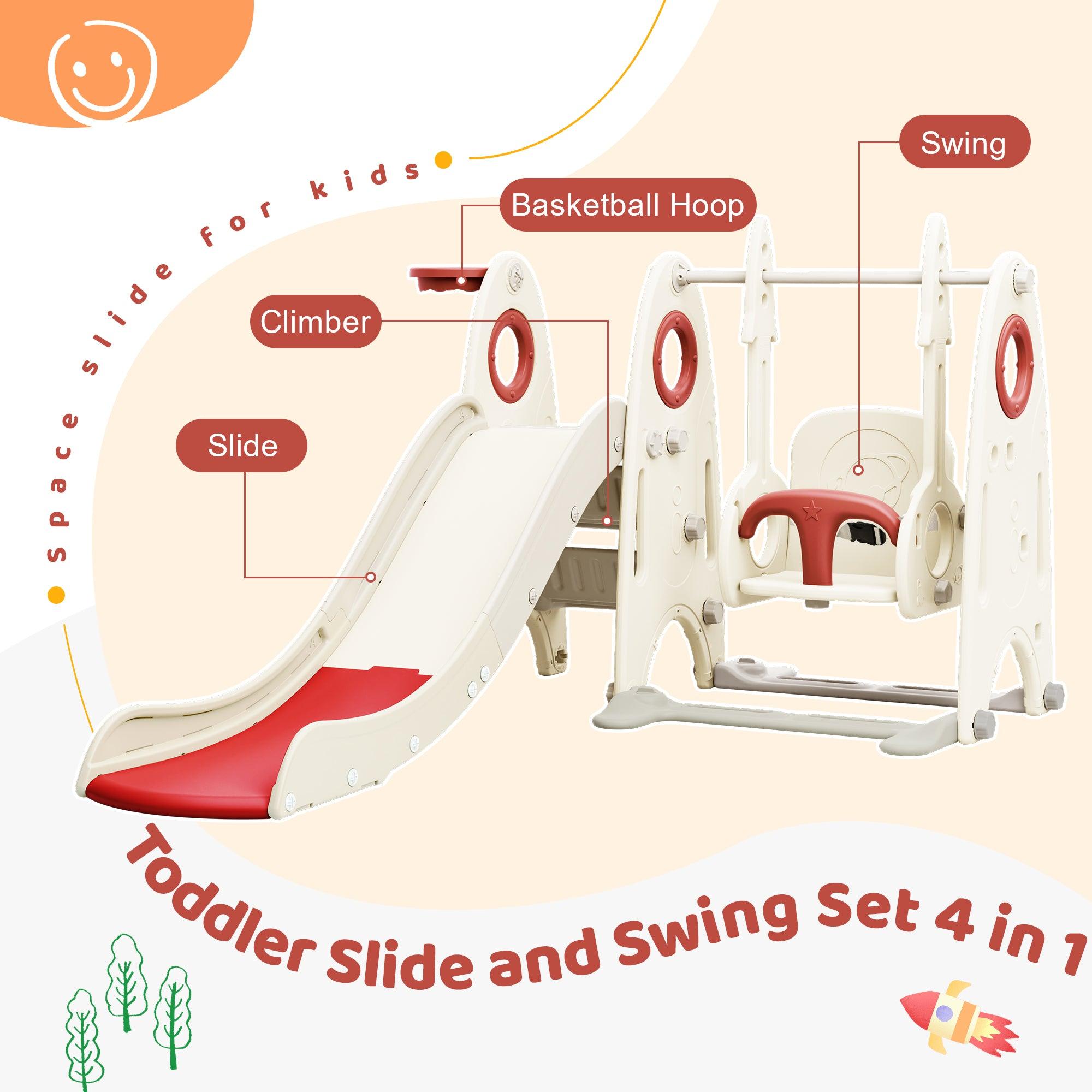 🆓🚛 4 in 1 Toddler Slide & Swing Set, Kids Playground Climber Slide Playset With Basketball Hoop for Babies, Red