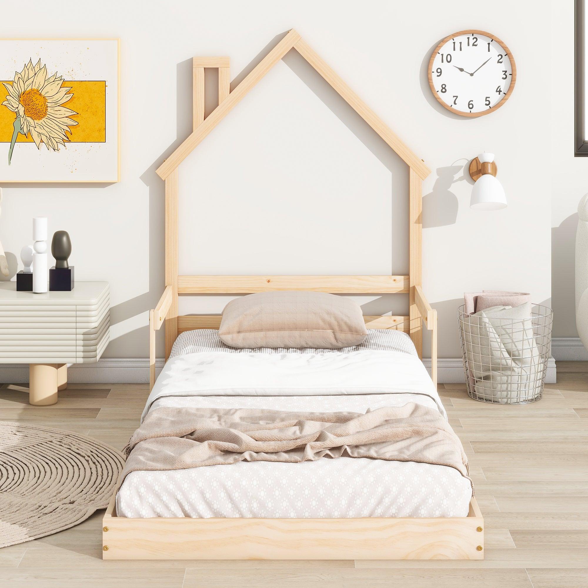 🆓🚛 Twin House-Shaped Headboard Floor Bed With Handrails, Slats, Natural