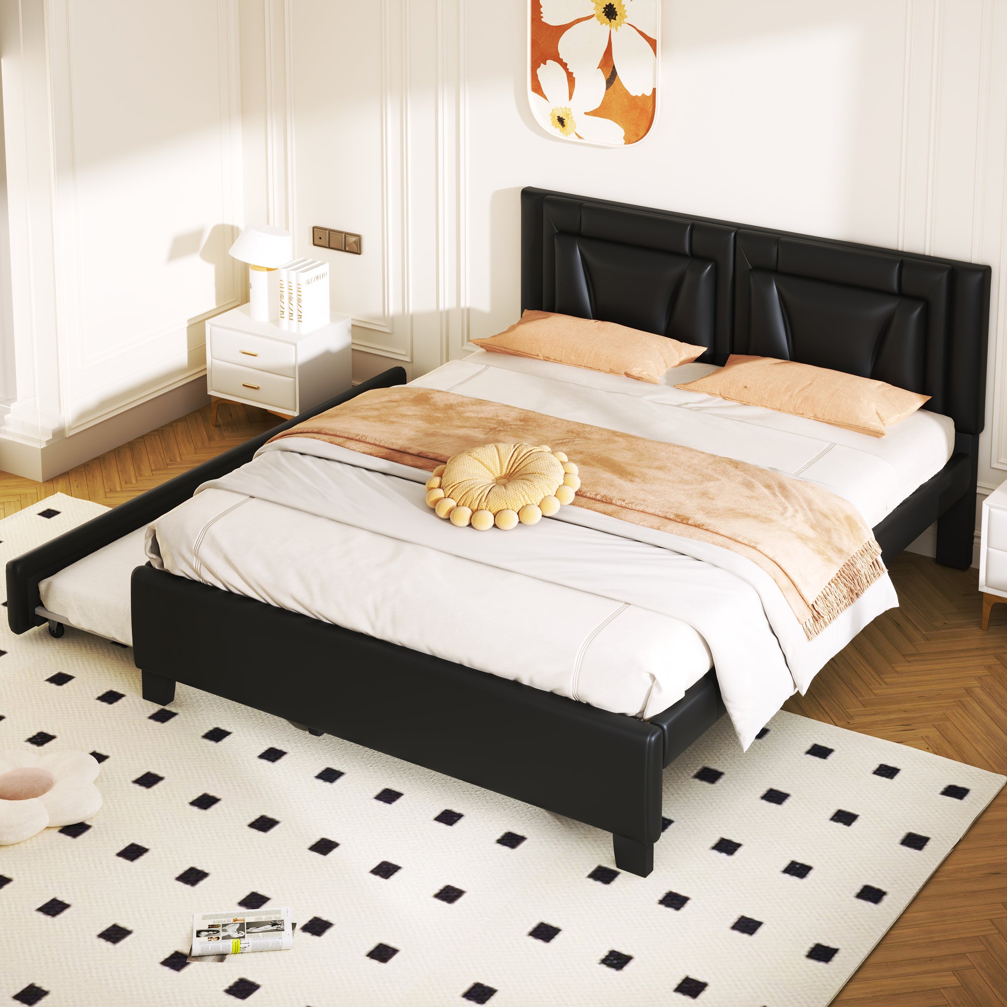 🆓🚛 Queen Size Upholstered Platform Bed with Headboard and Twin Size Trundle, Black