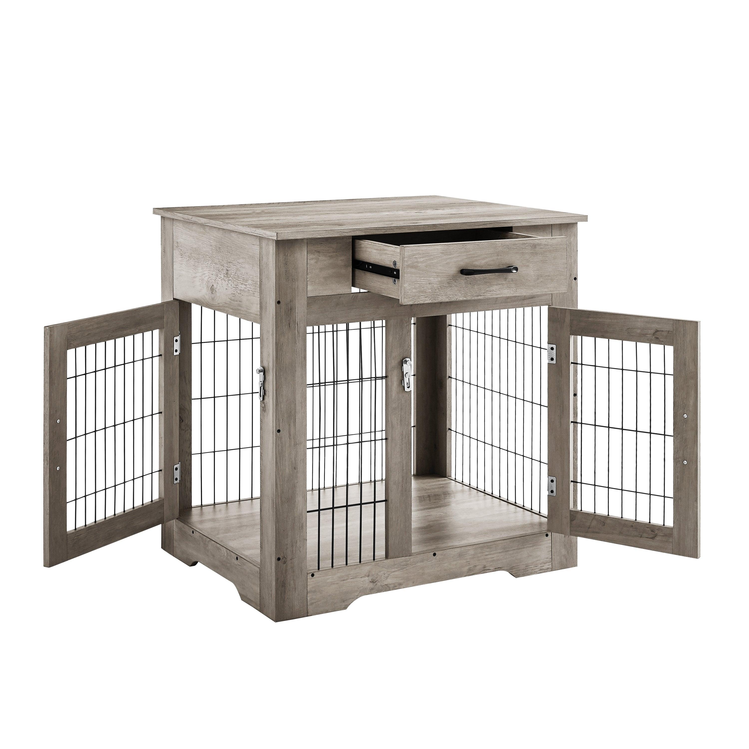 Furniture Style Dog Crate End Table With Drawer, Pet Kennels With Double Doors, Dog House Indoor Use, Grey, 29.9'' W X 24.8'' D X 30.71'' H.