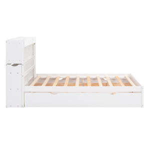 Full Size Storage Platform Bed with Pull Out Shelves, Twin Size Trundle and 2 Drawers, White