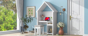 House-Shaped Desk With A Cushion Stool, White