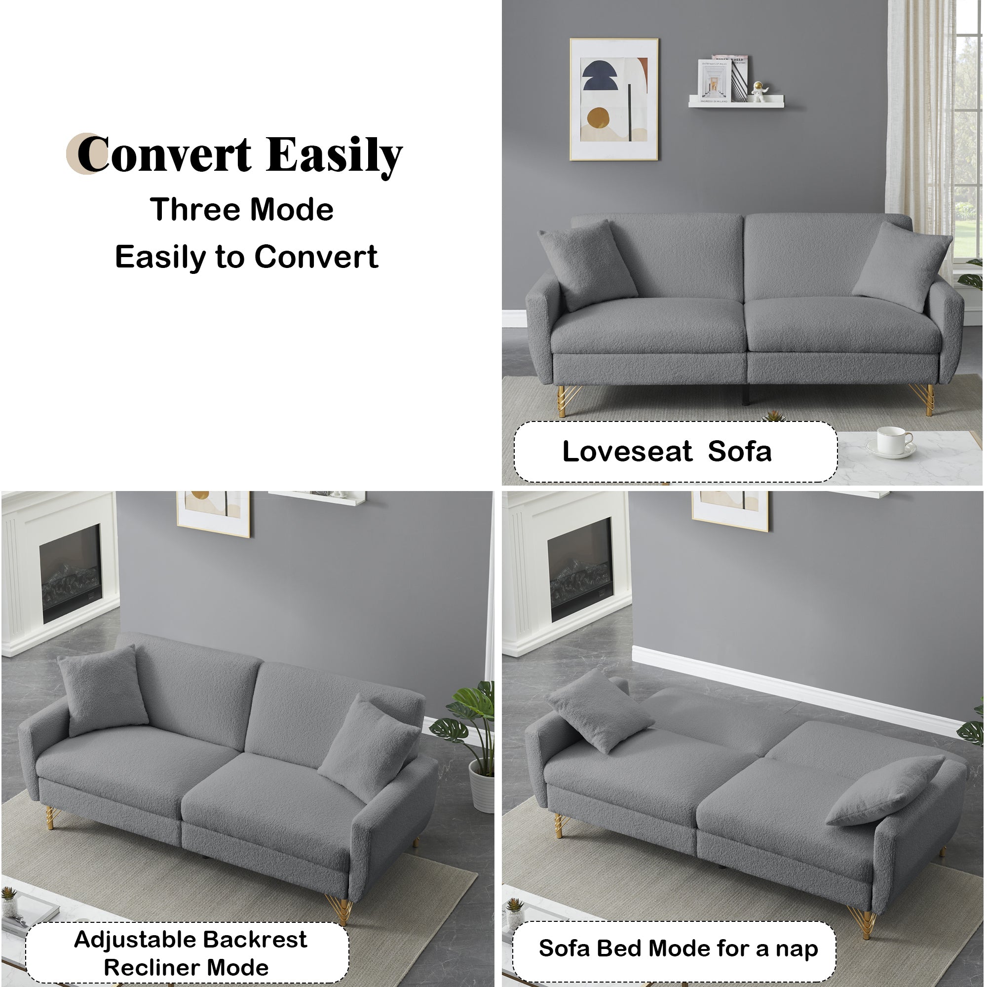 🆓🚛 74.41" Teddy Velvet Sofa Bed With Separate Adjustment Backrest and Storage Function, Gray