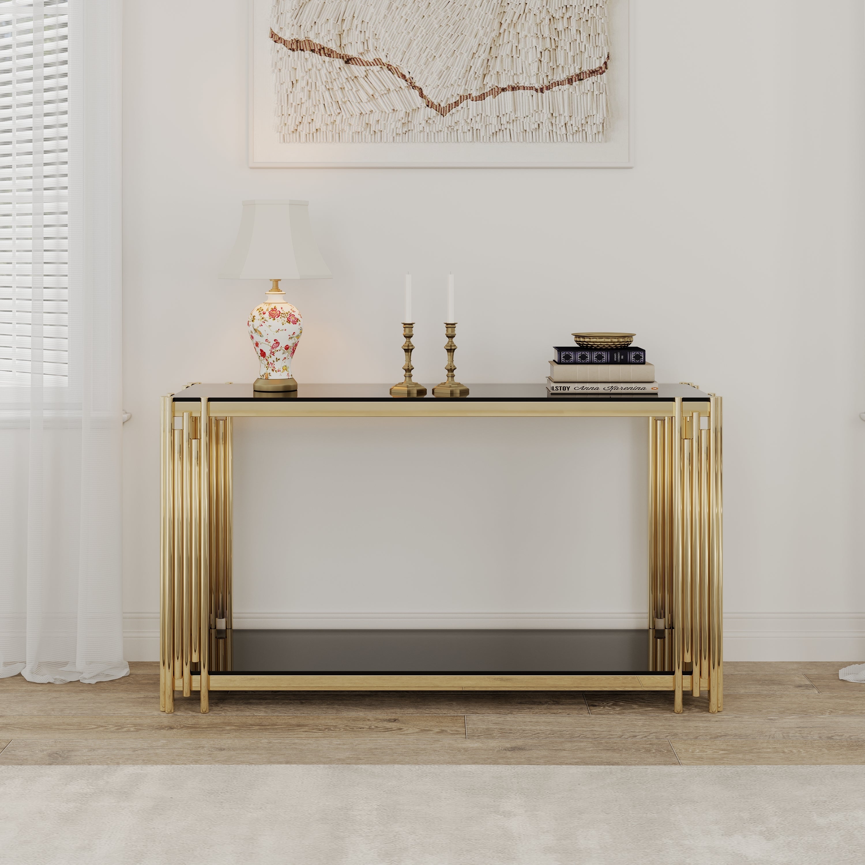 Modern Glass Console Table, 55" Gold Sofa Table with Sturdy Metal Frame and Black Tempered Glass Top, for Living Room Entryway Bedroom, Gold Finish