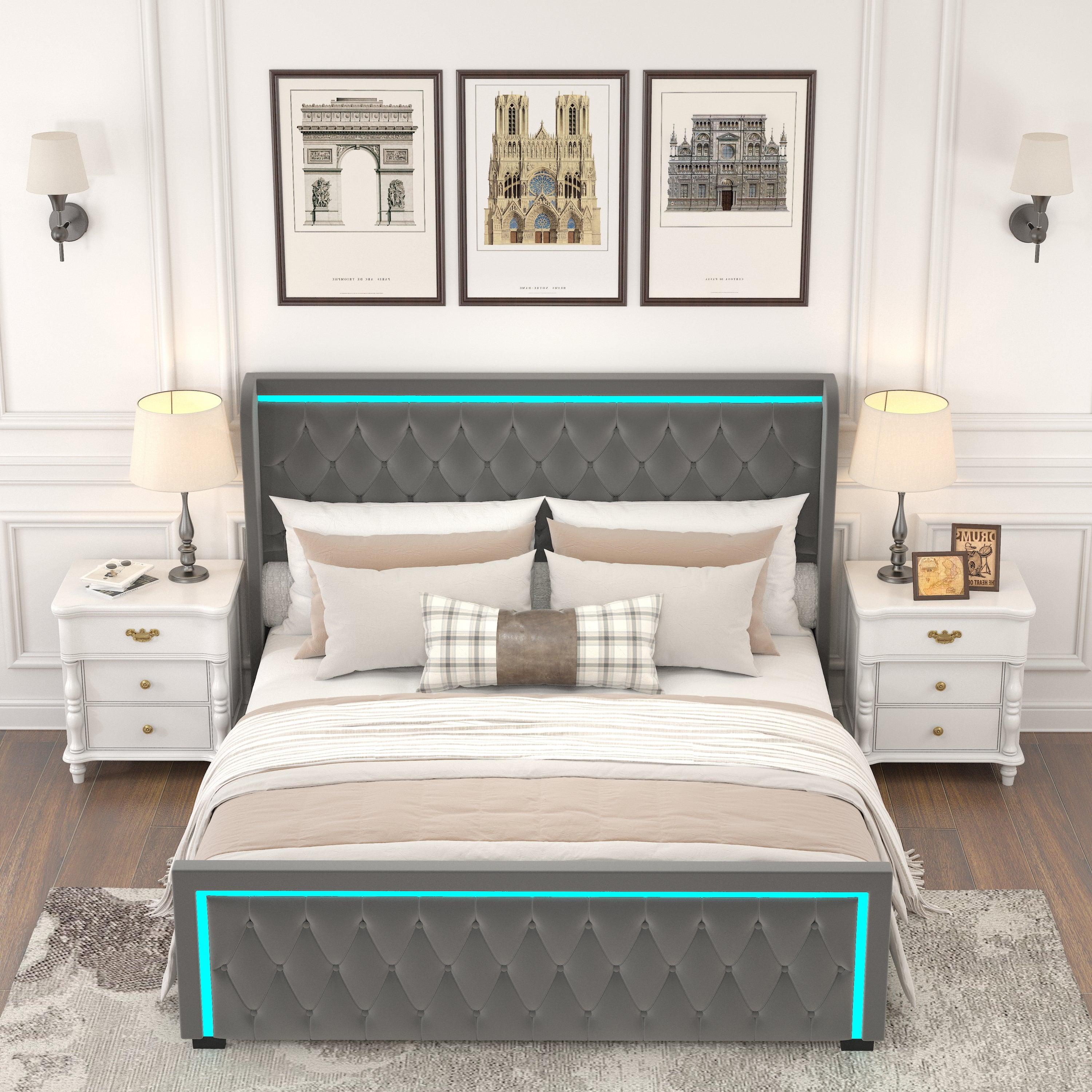 🆓🚛 King Platform Bed Frame With High Headboard, Velvet Upholstered Bed With Deep Tufted Buttons, Adjustable Colorful Led Light Decorative Headboard, Wide Wingbacks, Gray