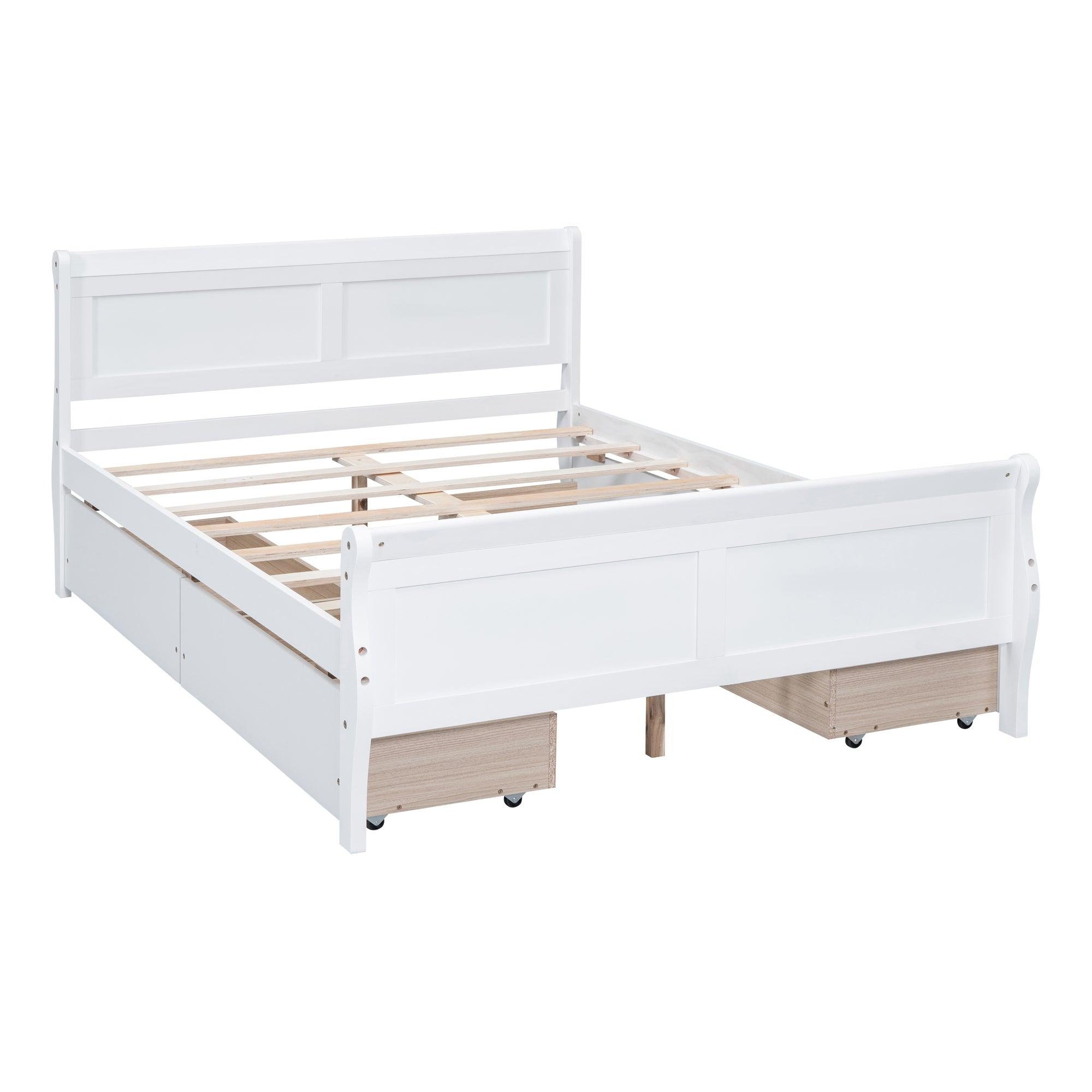 Full Size Wood Platform Bed with 4 Drawers and Streamlined Headboard & Footboard, White