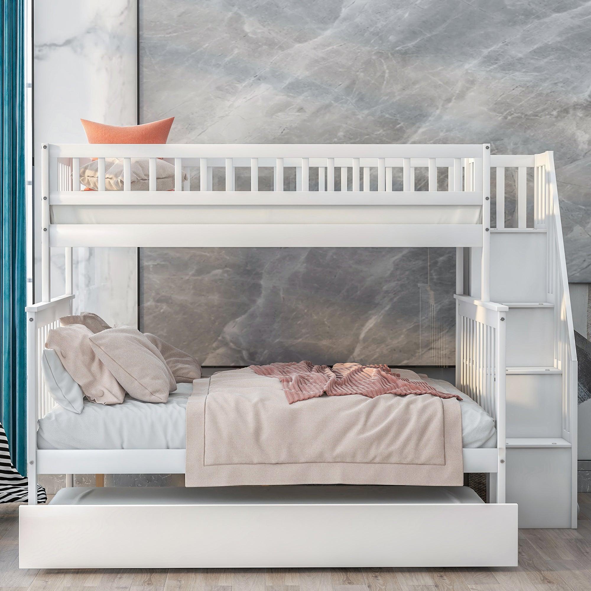 🆓🚛 Twin Over Full Bunk Bed With Trundle & Staircase, White