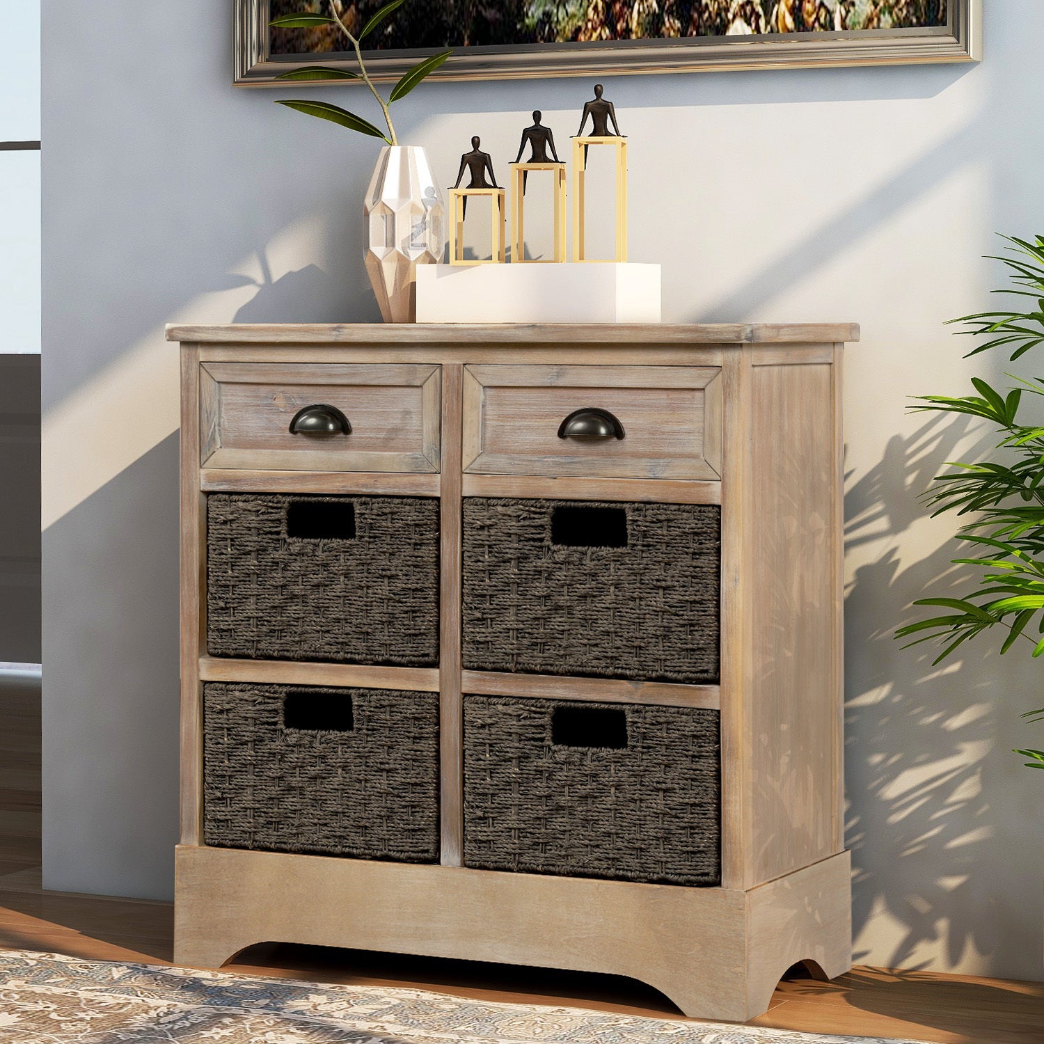 🆓🚛 Rustic Storage Cabinet With Two Drawers and Four Classic Rattan Basket for Dining Room/Living Room (White Washed)