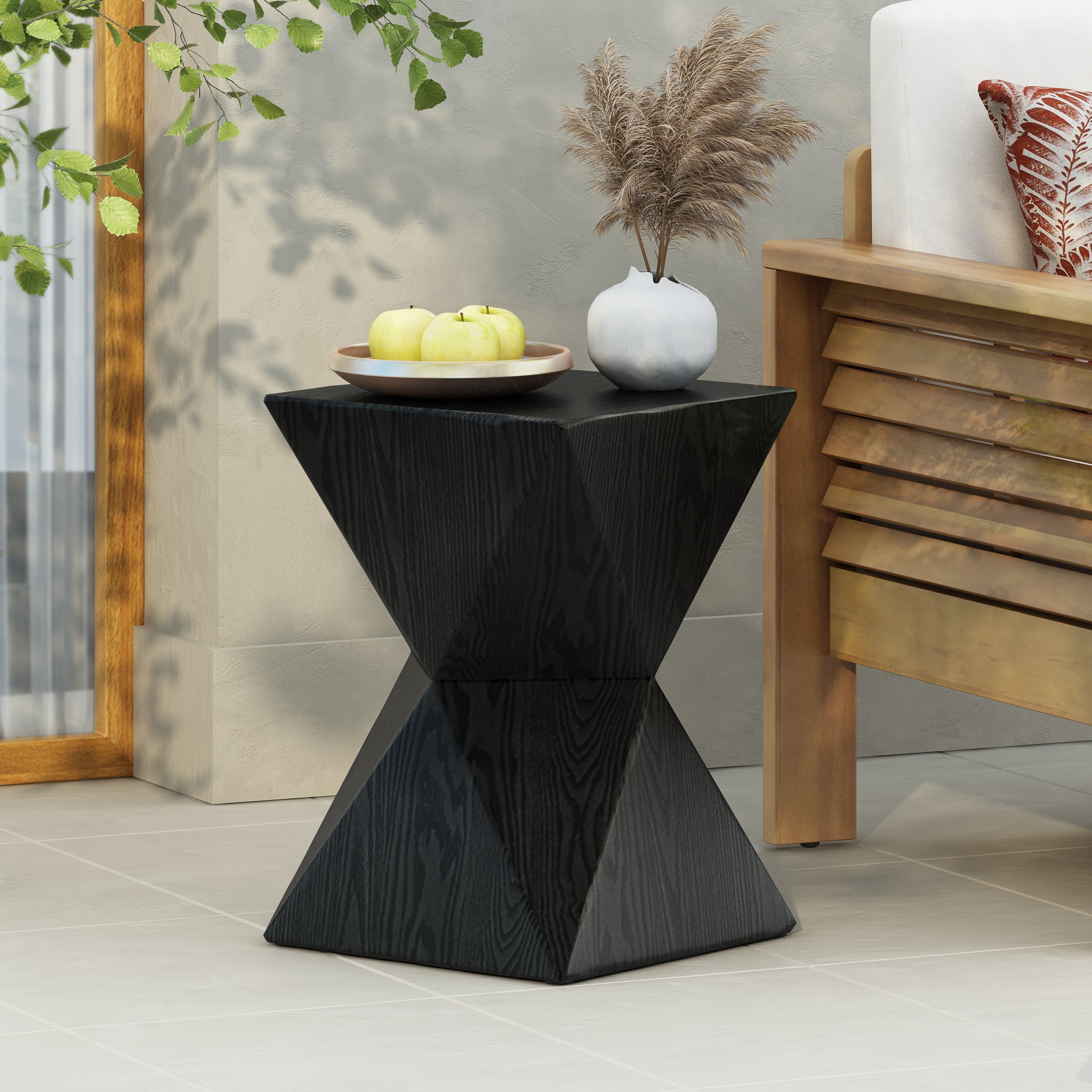 14.25" Black Prismatic Symmetry Concrete Side Table With Smooth Wood Grain Texture and Modern Prismatic Shape – Weather-Resistant Accent for Patio, Garden, Or Balcony