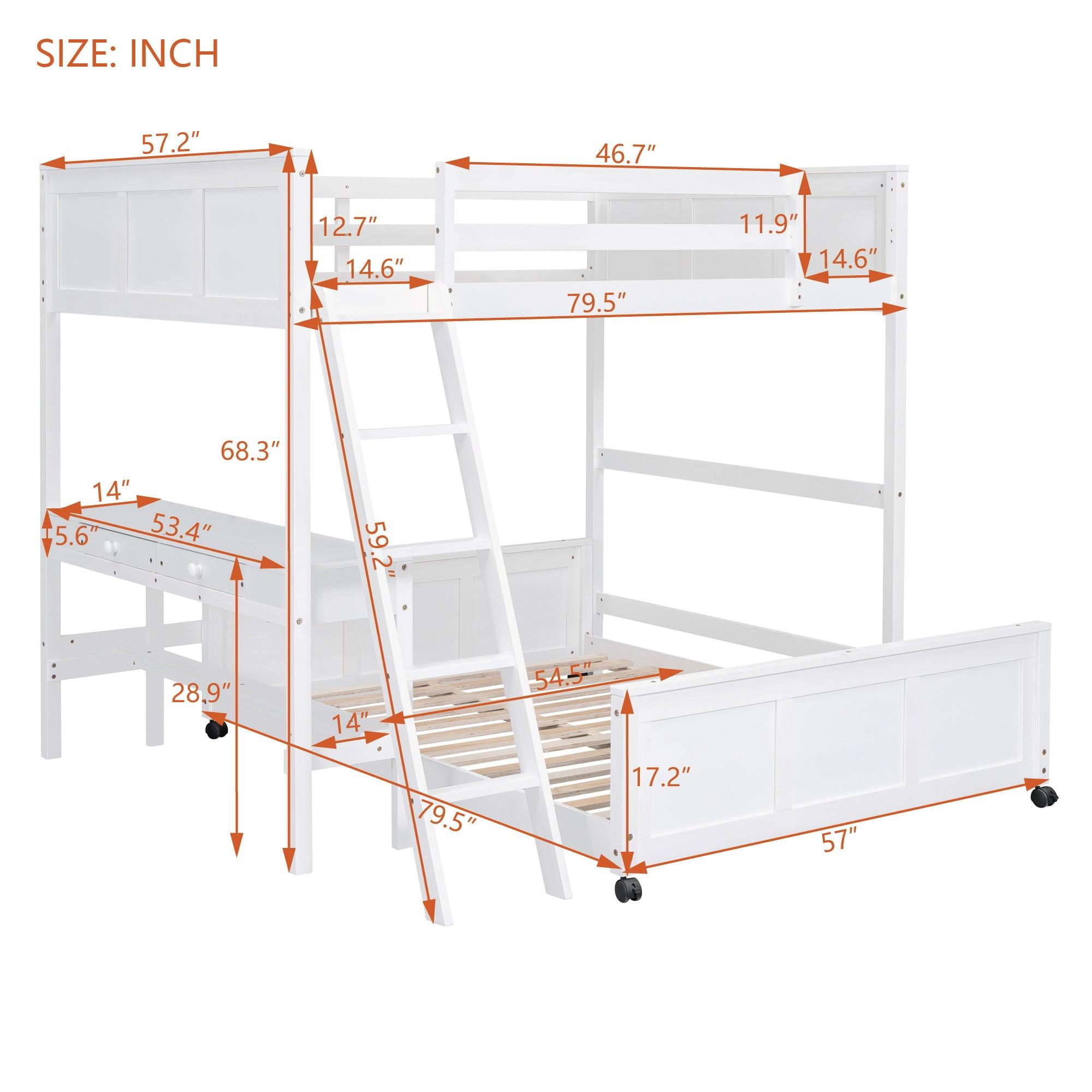 Full Over Full Bunk Bed with Desk, White