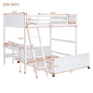 Full Over Full Bunk Bed with Desk, White