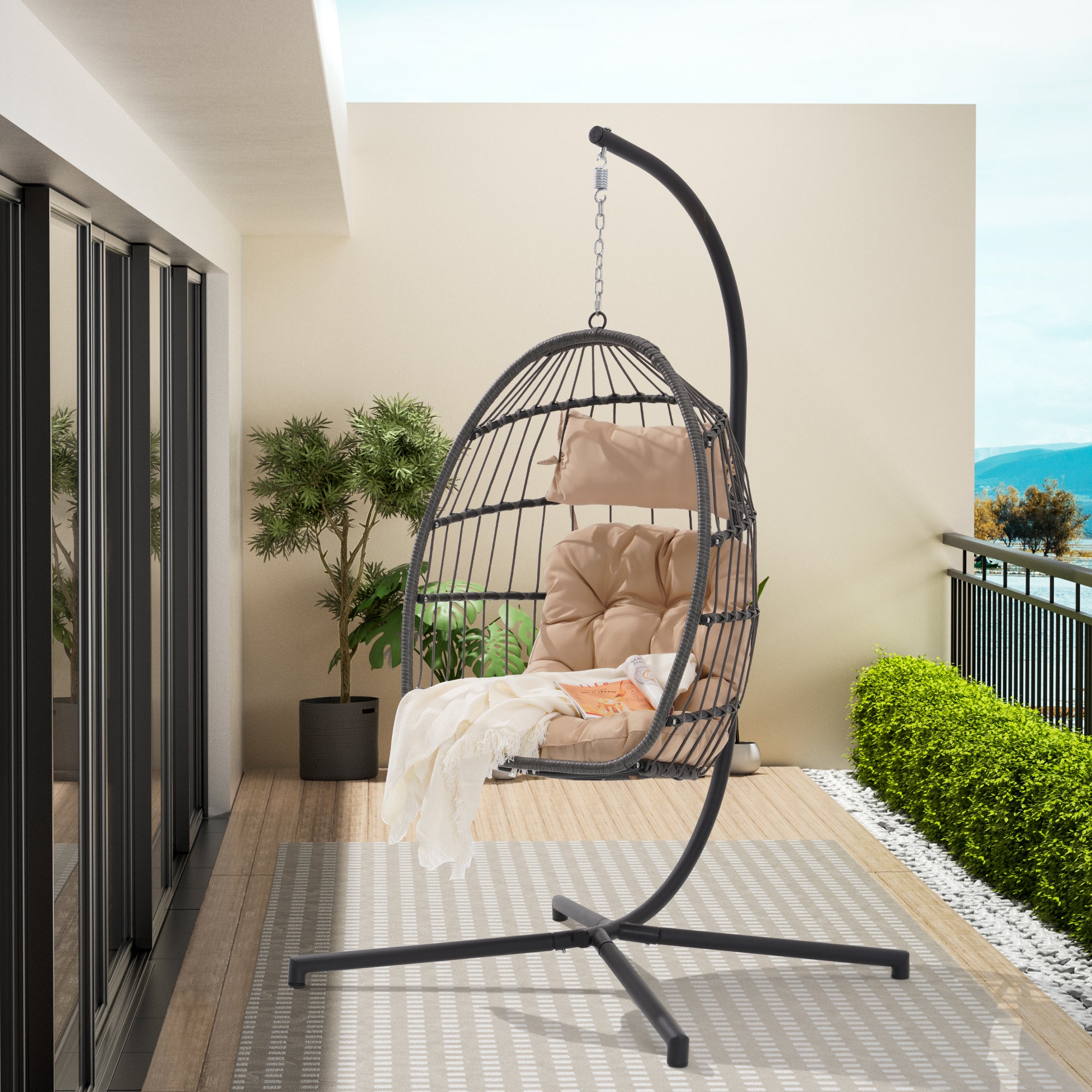 🆓🚛 Outdoor Garden Rattan Egg Swing Chair Hanging Chair Wood, Khaki
