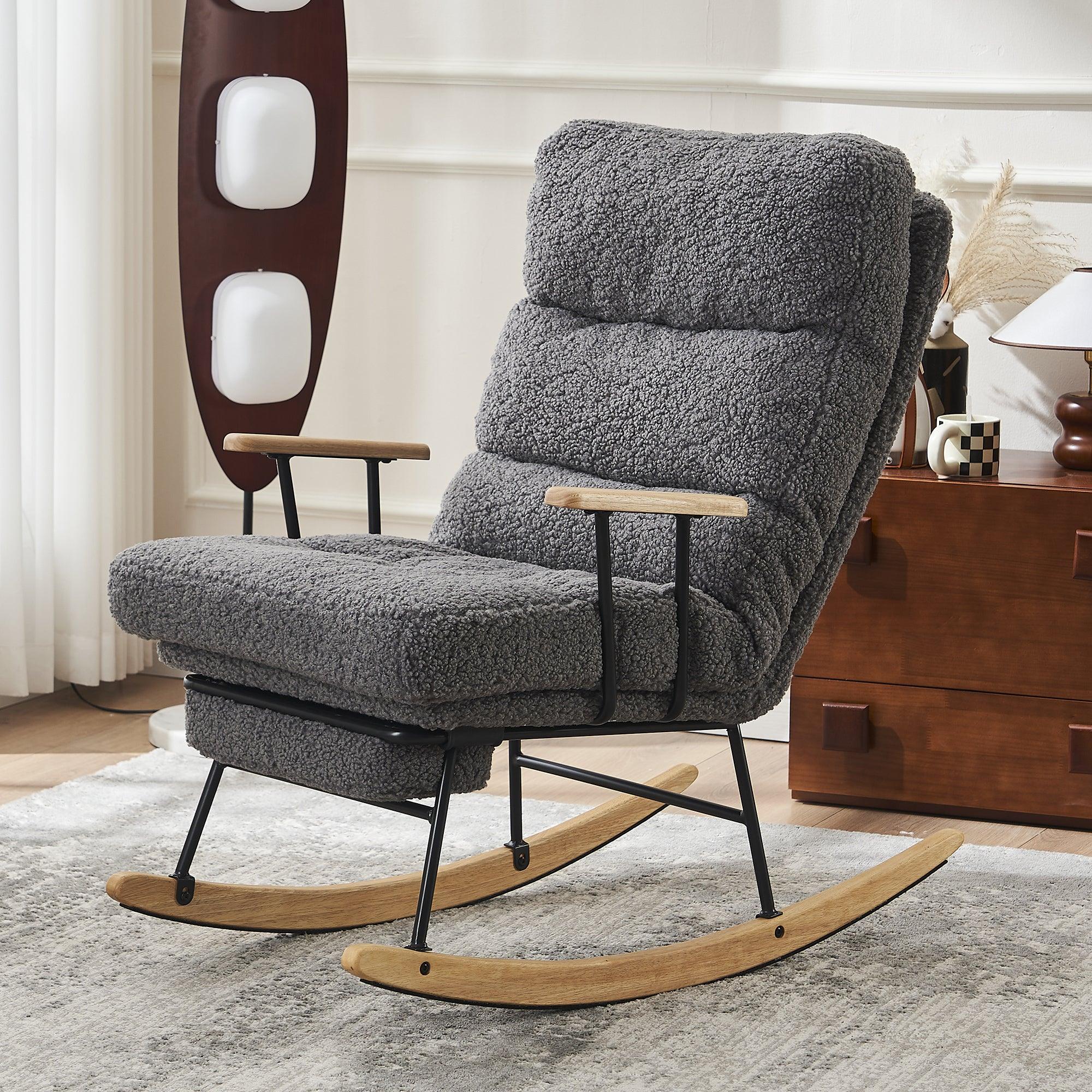 🆓🚛 Modern Teddy Gliding Rocking Chair With High Back, Retractable Footrest, & Adjustable Back Angle for Nursery, Living Room, & Bedroom, Gray