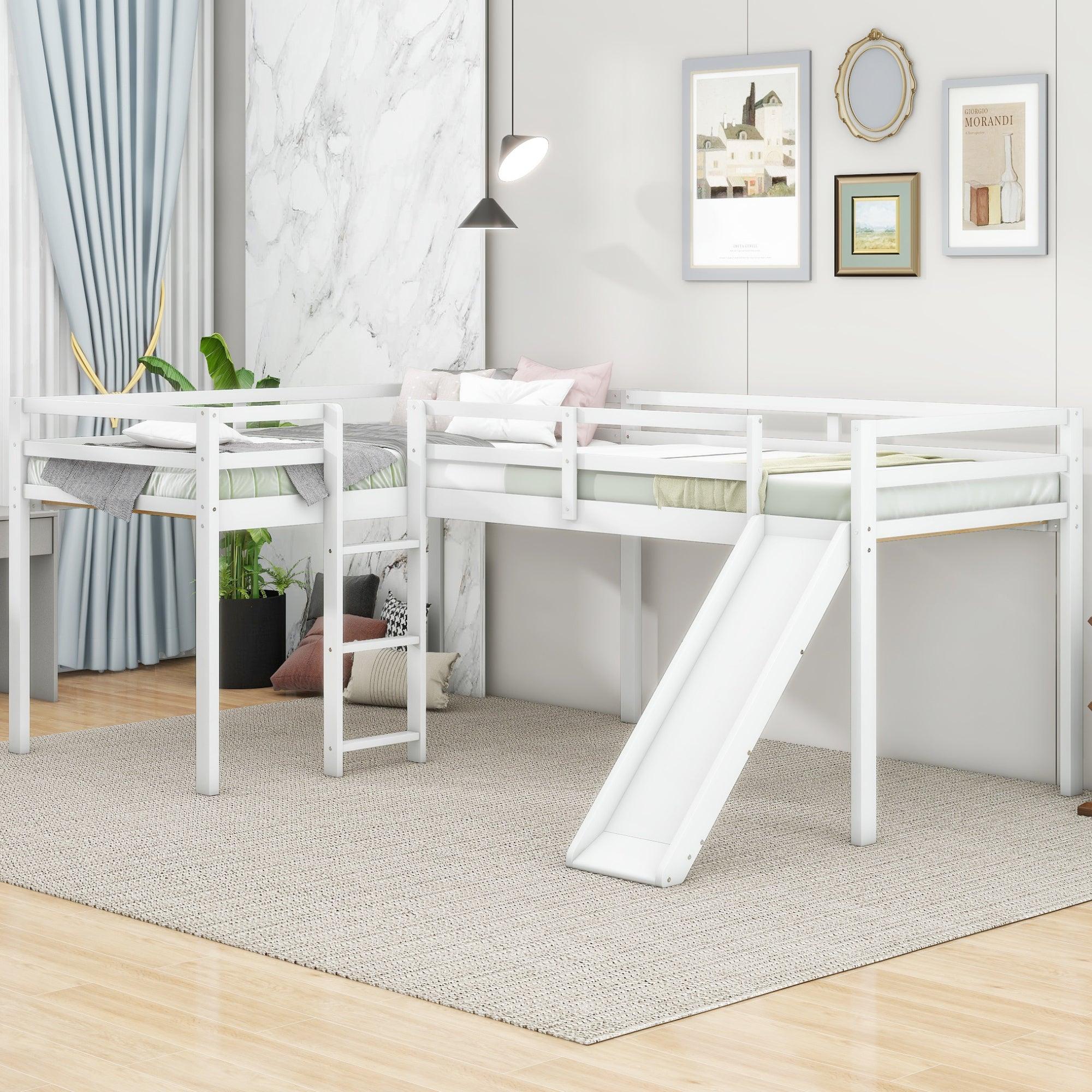 🆓🚛 L-Shaped Twin Size Loft Bed With Ladder & Slide, White