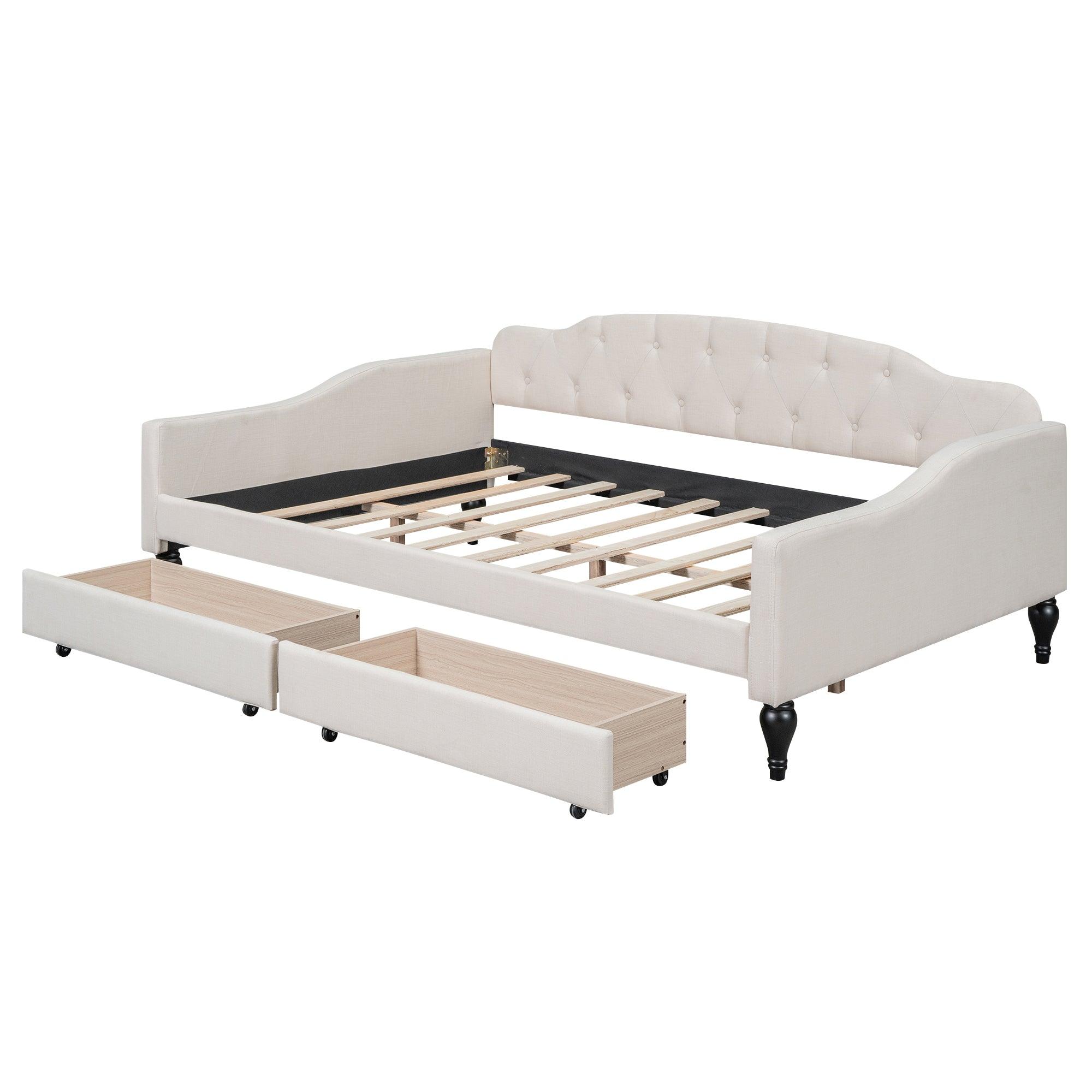 Full Size Upholstered Tufted Daybed with Two Drawers, Beige