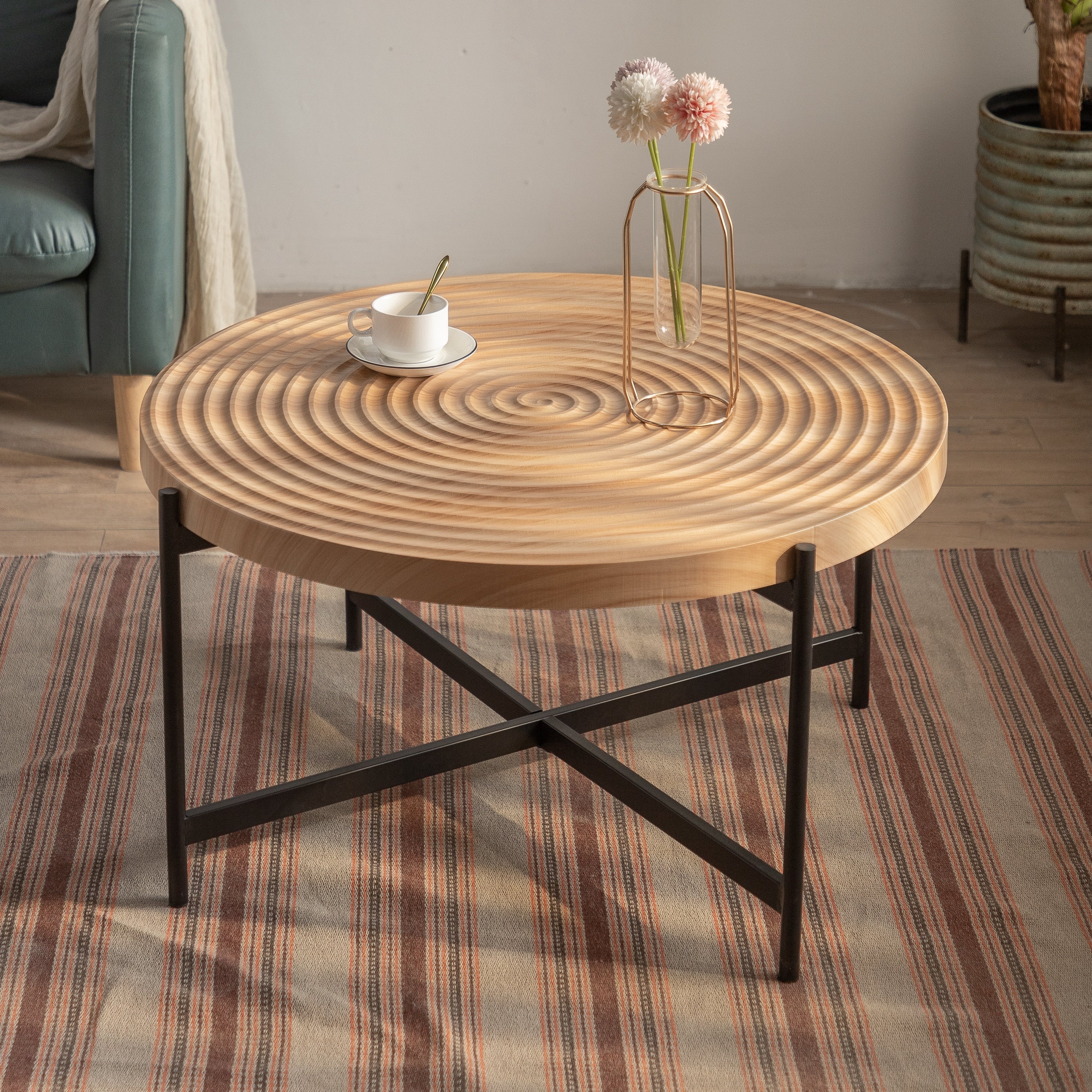 🆓🚛 33" Modern Thread Design Round Coffee Table,  MDF Table Top With Cross Legs Metal Base