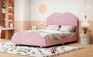 Full Size Upholstered Platform Bed with Cloud Shaped bed board, Light Pink