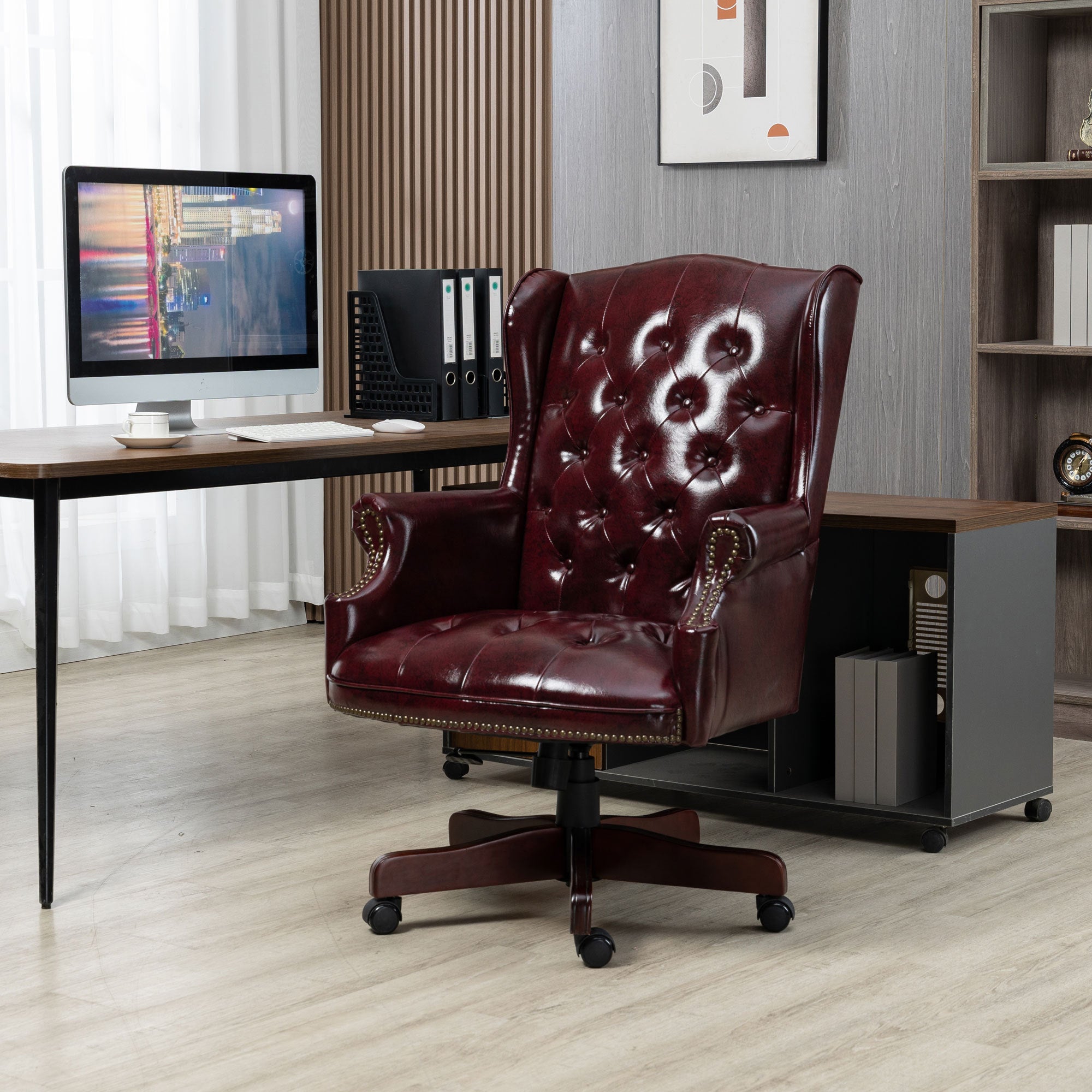 🆓🚛 Executive Office Chair - High Back Reclining Comfortable Desk Chair - Ergonomic Design - Thick Padded Seat and Backrest - Pu Leather Desk Chair With Smooth Glide Caster Wheels, Burgundy