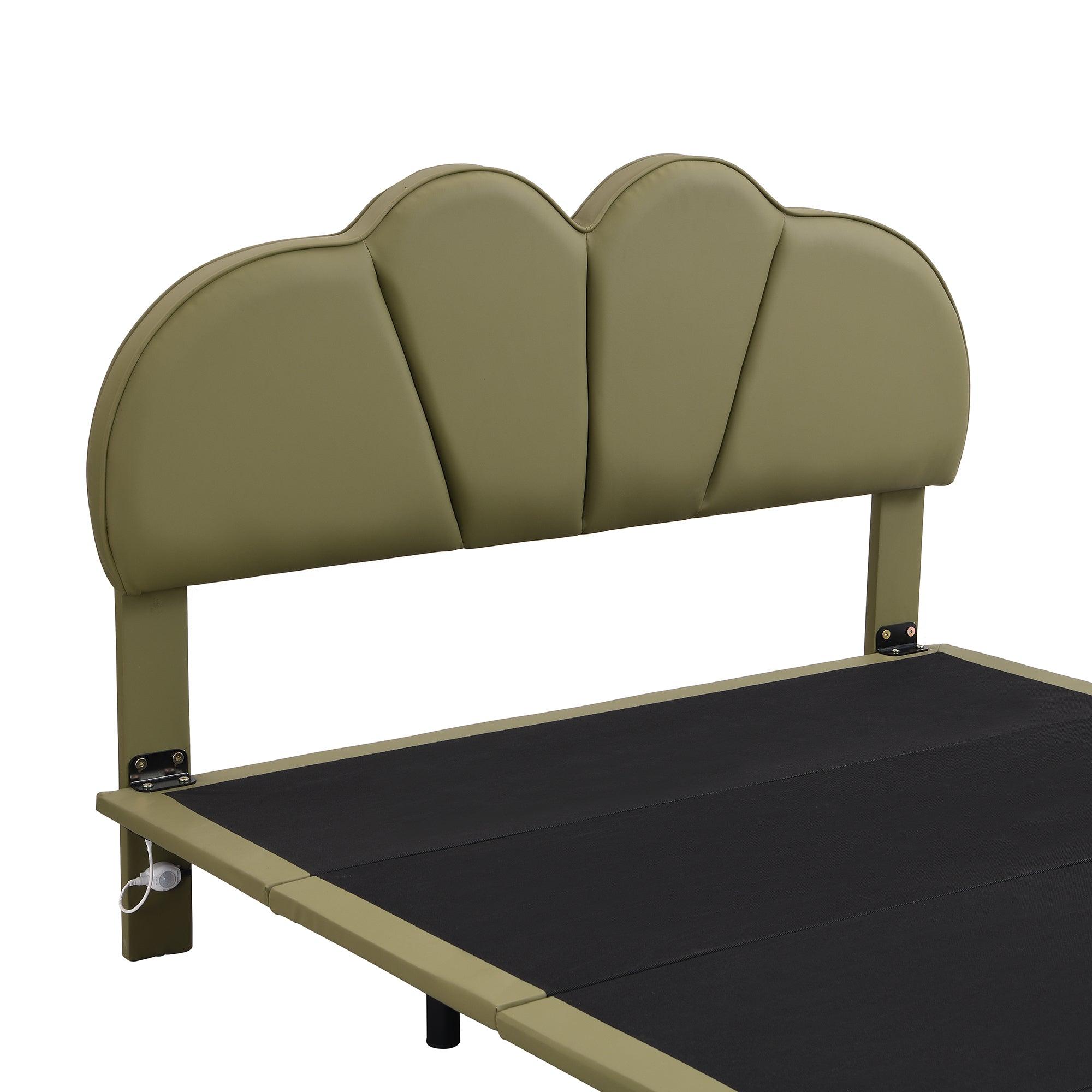 Full Size Upholstery Platform Bed with PU Leather Headboard and Support Legs, Underbed LED Light, Green