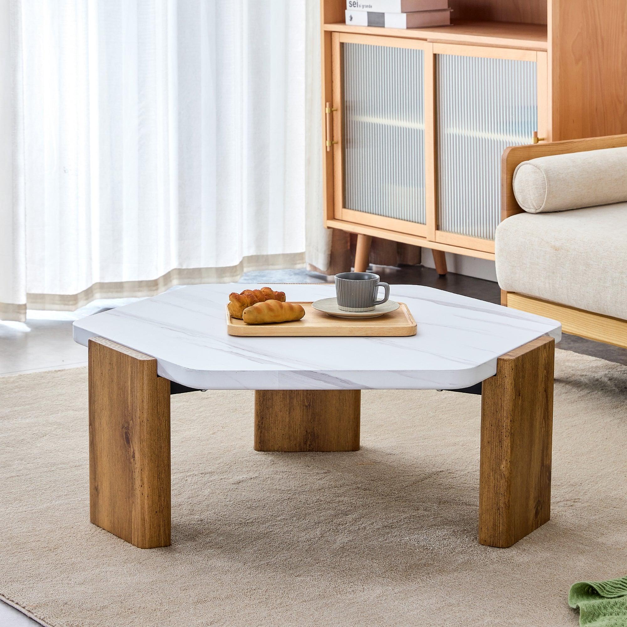 🆓🚛 Modern Practical Mdf Coffee Table With White Tabletop & Wooden Toned Legs Suitable for Living Rooms & Guest Rooms.