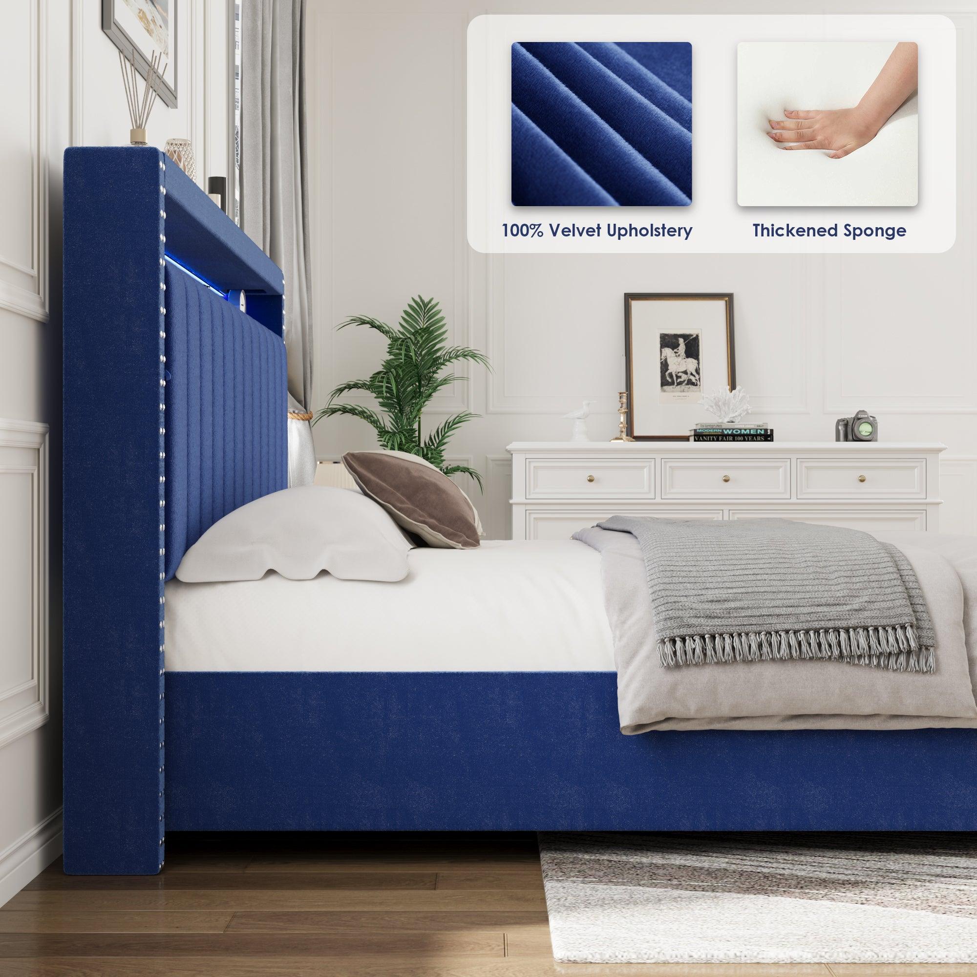 🆓🚛 Luxury Gas Lift Storage Bed With Rf Led Lights, Storage Headboard, Full Size, Velvet Blue