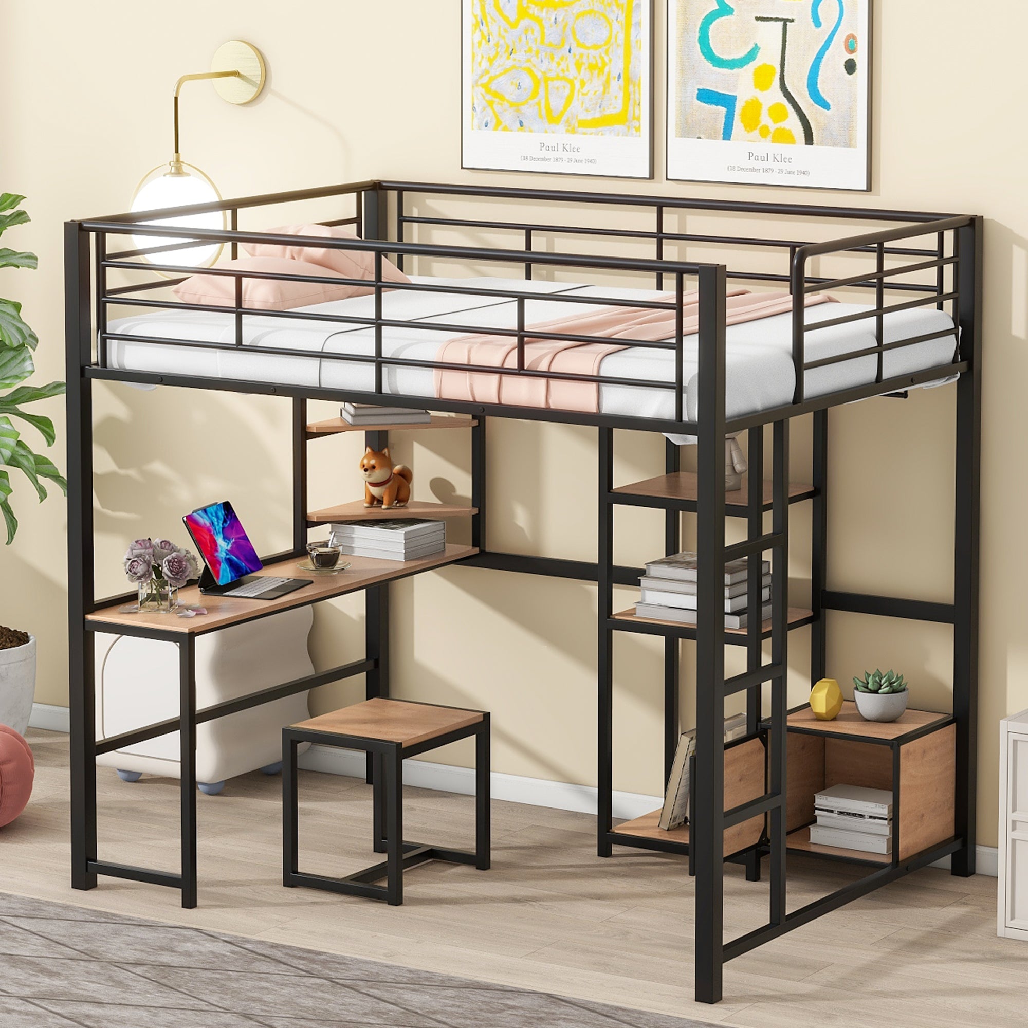 Full Size Loft Bed with Desk and Stool, Metal Loft Bed with Open-Style Wardrobe, Shelves and Cabinet, Black