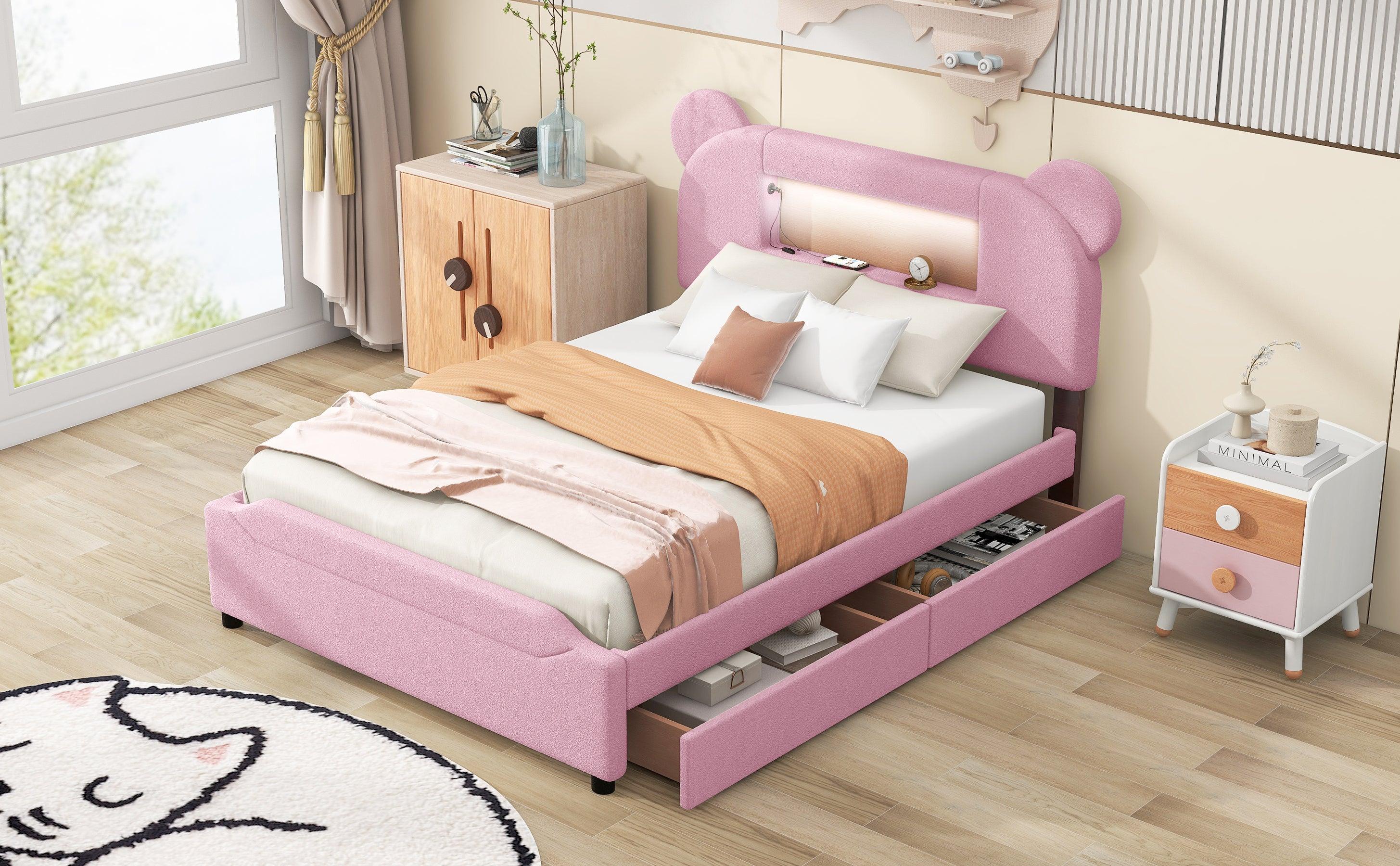 Full Size Upholstered Storage Platform Bed with Cartoon Ears Headboard, LED and USB, Pink