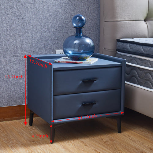 🆓🚛 Nightstand, Modern Nightstand With 2 Drawers, Night Stand With Pu Leather and Hardware Legs, Gray/Blue