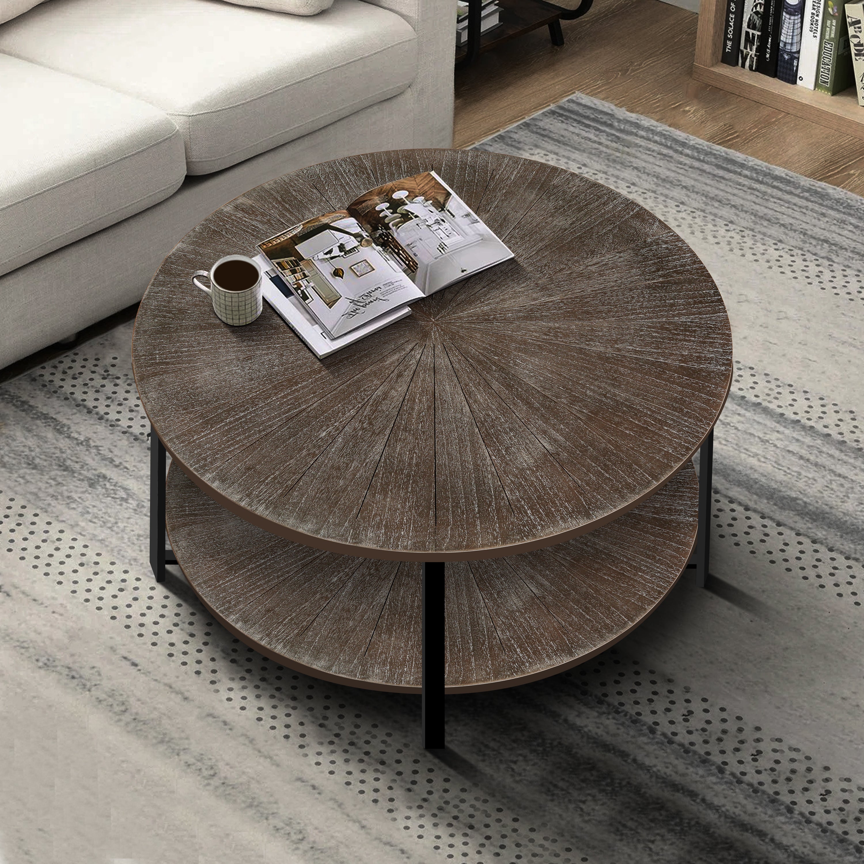 31.5"D X 31.5''W X 18.3''H Round Coffee Table With 2-Tier Storage, Farmhouse Living Room Cocktail Table With Black Metal Leg, Patchwork Desktop Effect Easy Assembly (Antique Brown)