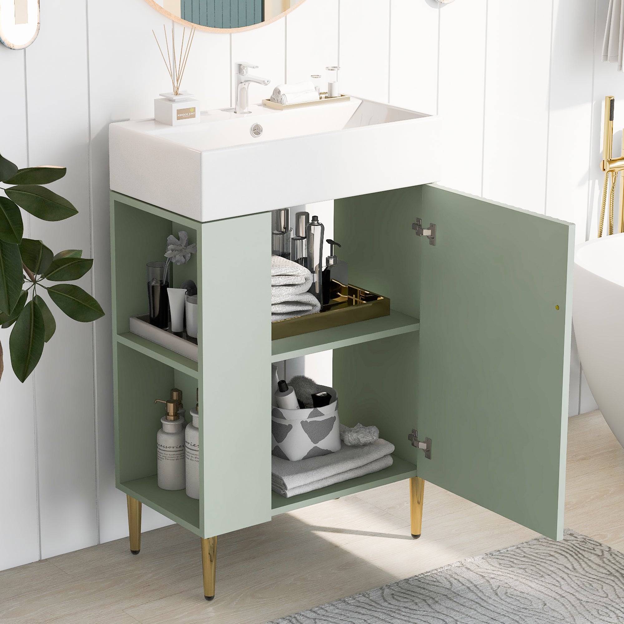 21.6" Green Bathroom Vanity, Combo Cabinet, Bathroom Storage Cabinet, Single Ceramic Sink, Left Side Storage