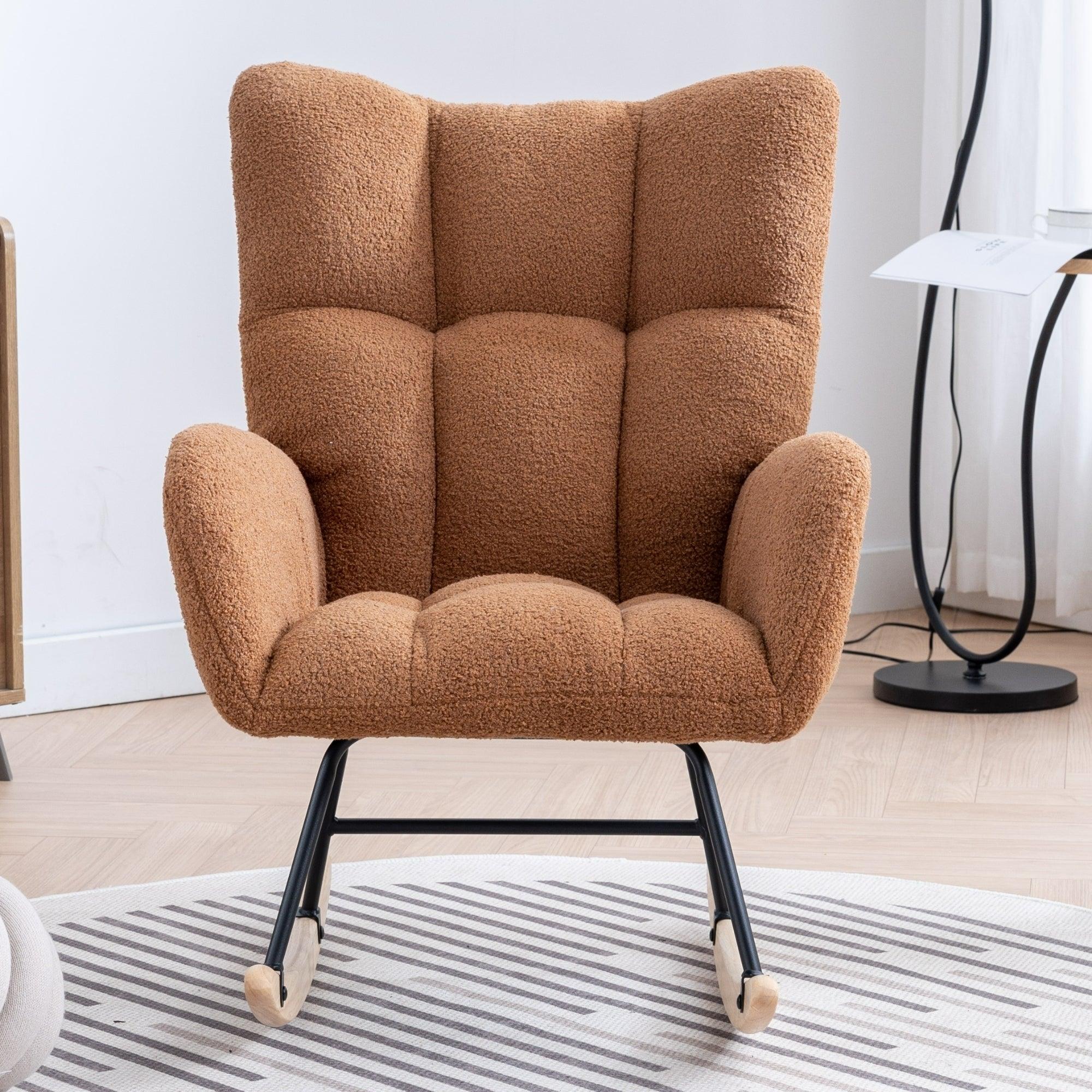 🆓🚛 Rocking Chair, Soft Teddy Velvet Fabric Rocking Chair for Nursery, Comfy Wingback Glider Rocker With Safe Solid Wood Base for Living Room Bedroom Balcony (Brown)