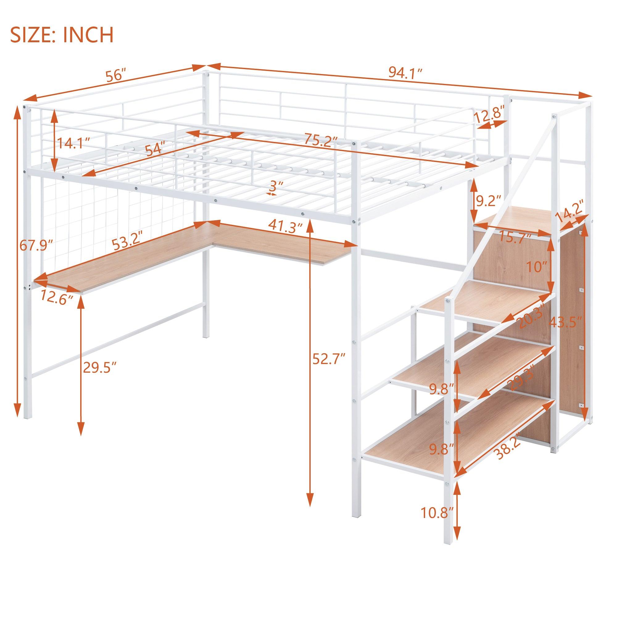 Full Size Metal Loft Bed with Desk and Metal Grid, Stylish Metal Frame Bed with Lateral Storage Ladder and Wardrobe, White