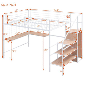 Full Size Metal Loft Bed with Desk and Metal Grid, Stylish Metal Frame Bed with Lateral Storage Ladder and Wardrobe, White