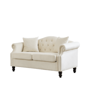 57" Chesterfield Sofa Grey Velvet for Living Room, 2 Seater Sofa Tufted Couch with Rolled Arms and Nailhead, with 2 Pillows