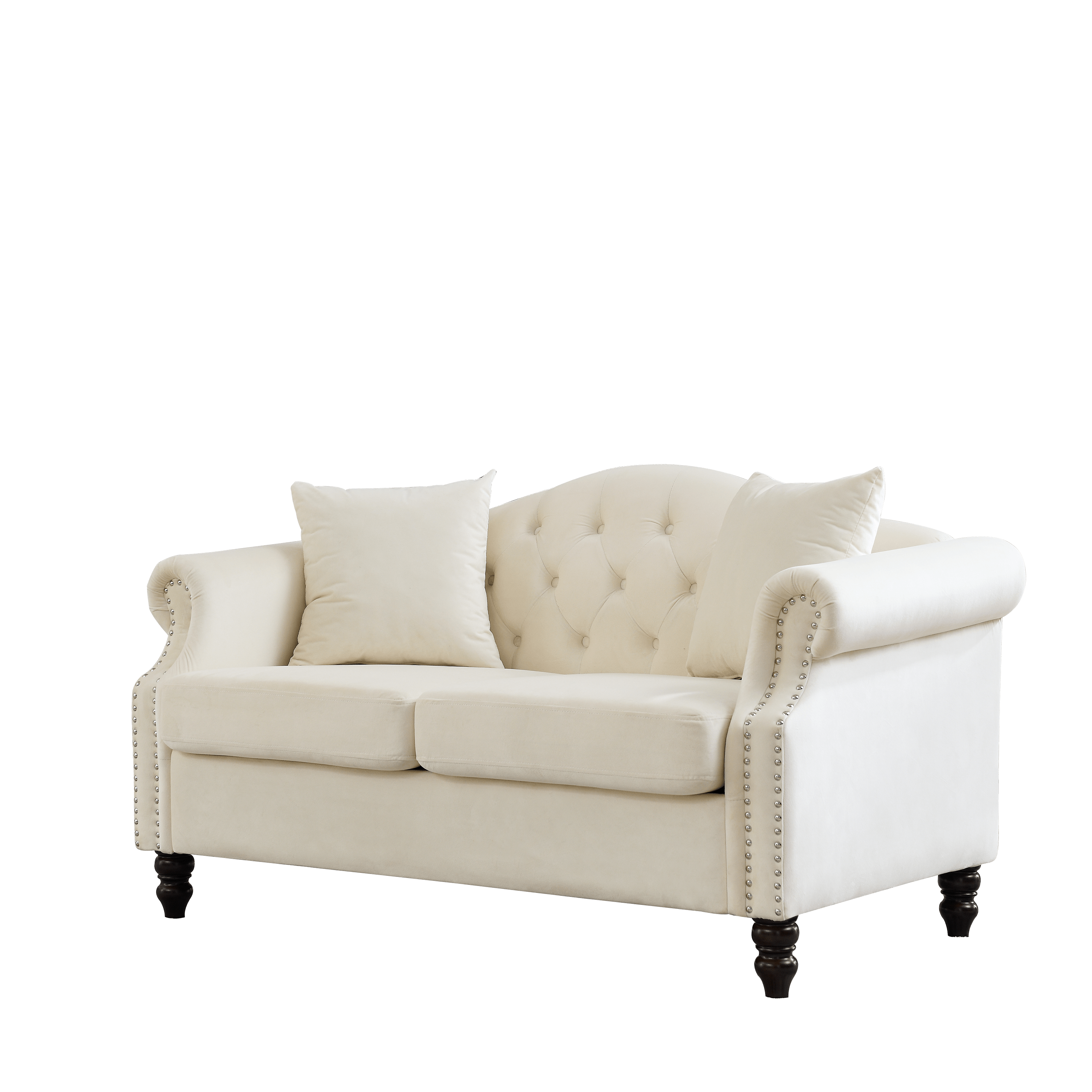 57" Chesterfield Sofa Grey Velvet for Living Room, 2 Seater Sofa Tufted Couch with Rolled Arms and Nailhead, with 2 Pillows