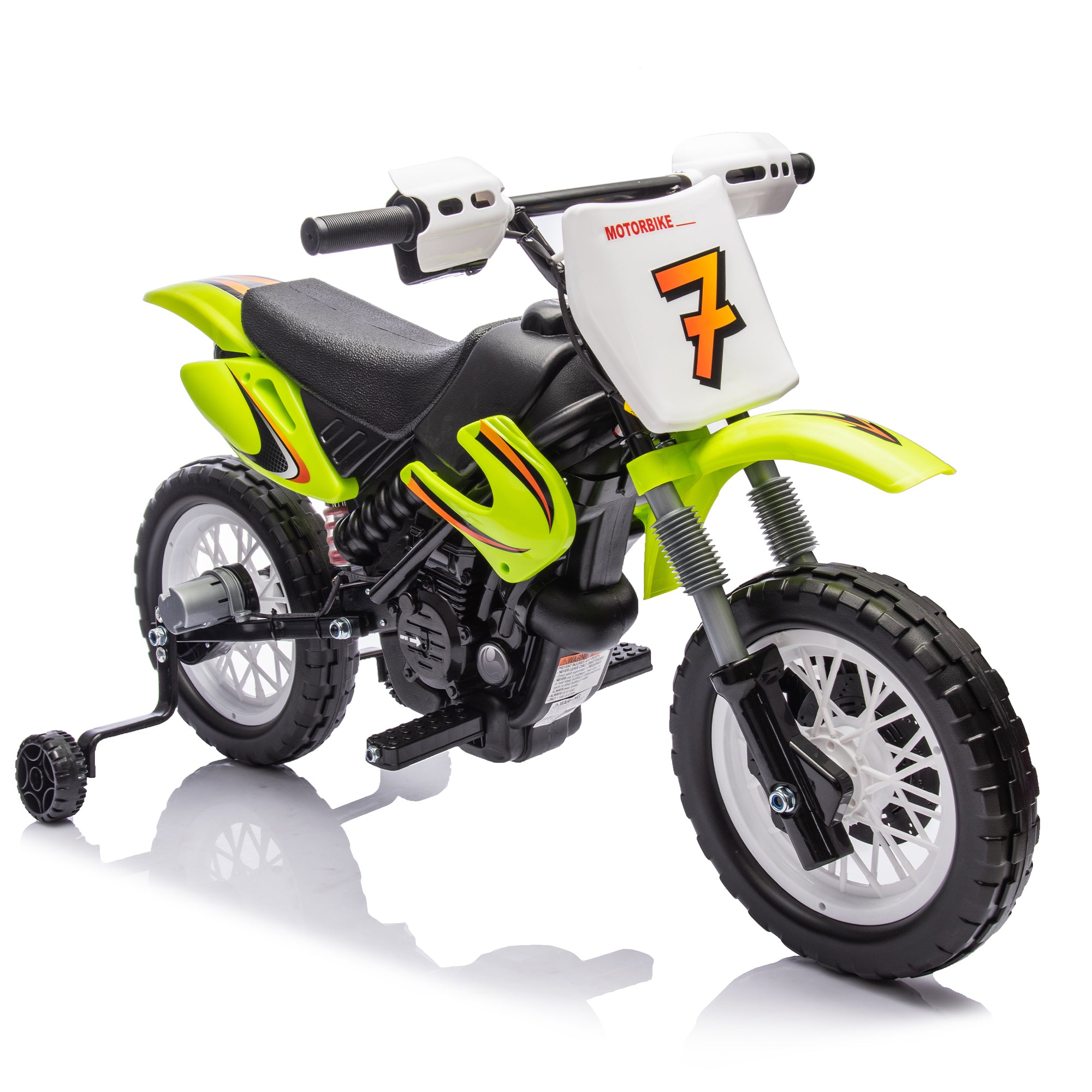 12V Kids Ride On Electric Toy Motorcycle, Rear Suspension, Twist Grip Throttle, Slow Start, Removable Training Wheels, Indie Music Box With Horn and Engine, Simulation of Dirt Bike Modeling for Kids 5+.