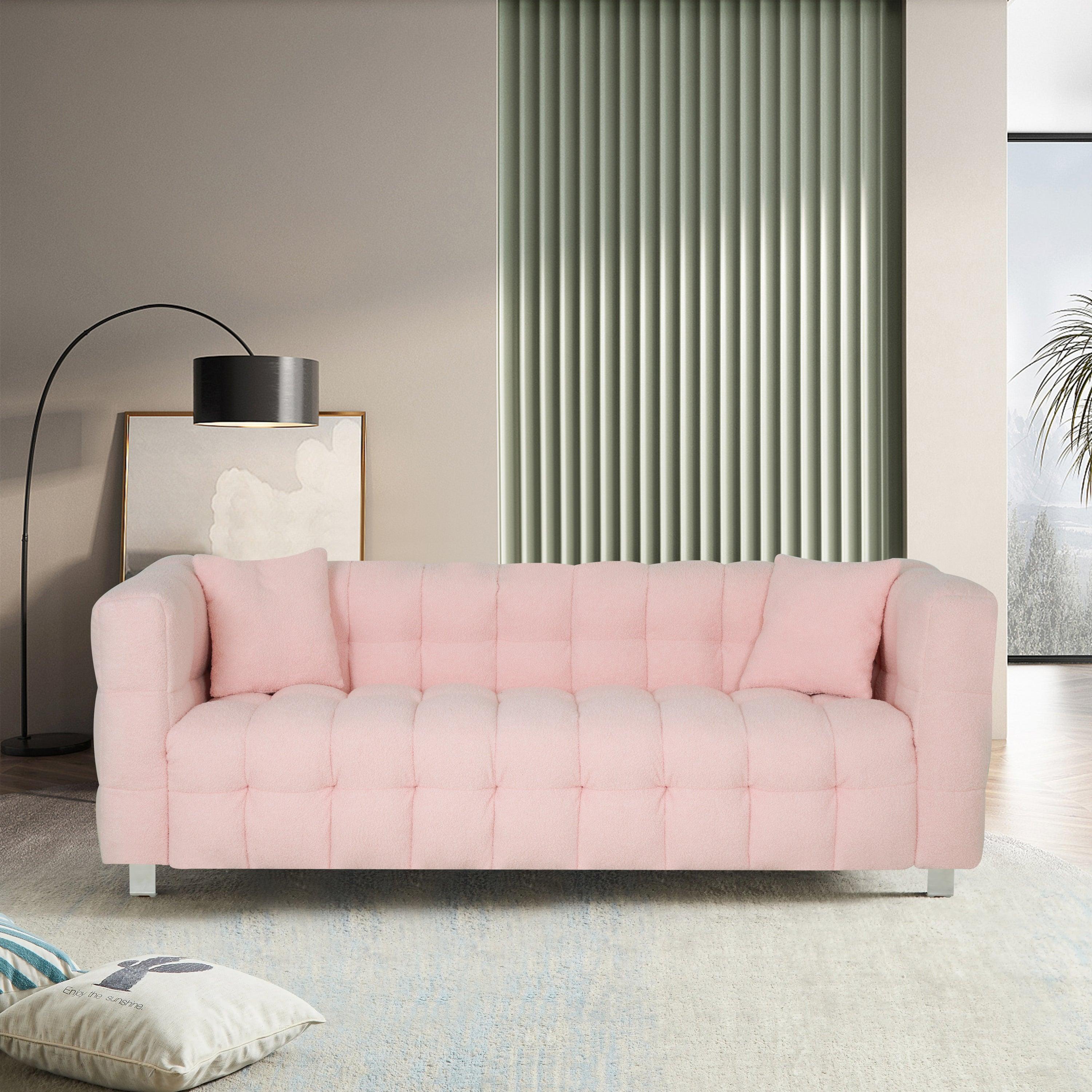 🆓🚛 80" Pink Teddy Fleece Sofa With Two Throw Pillows, Hardware Foot Support