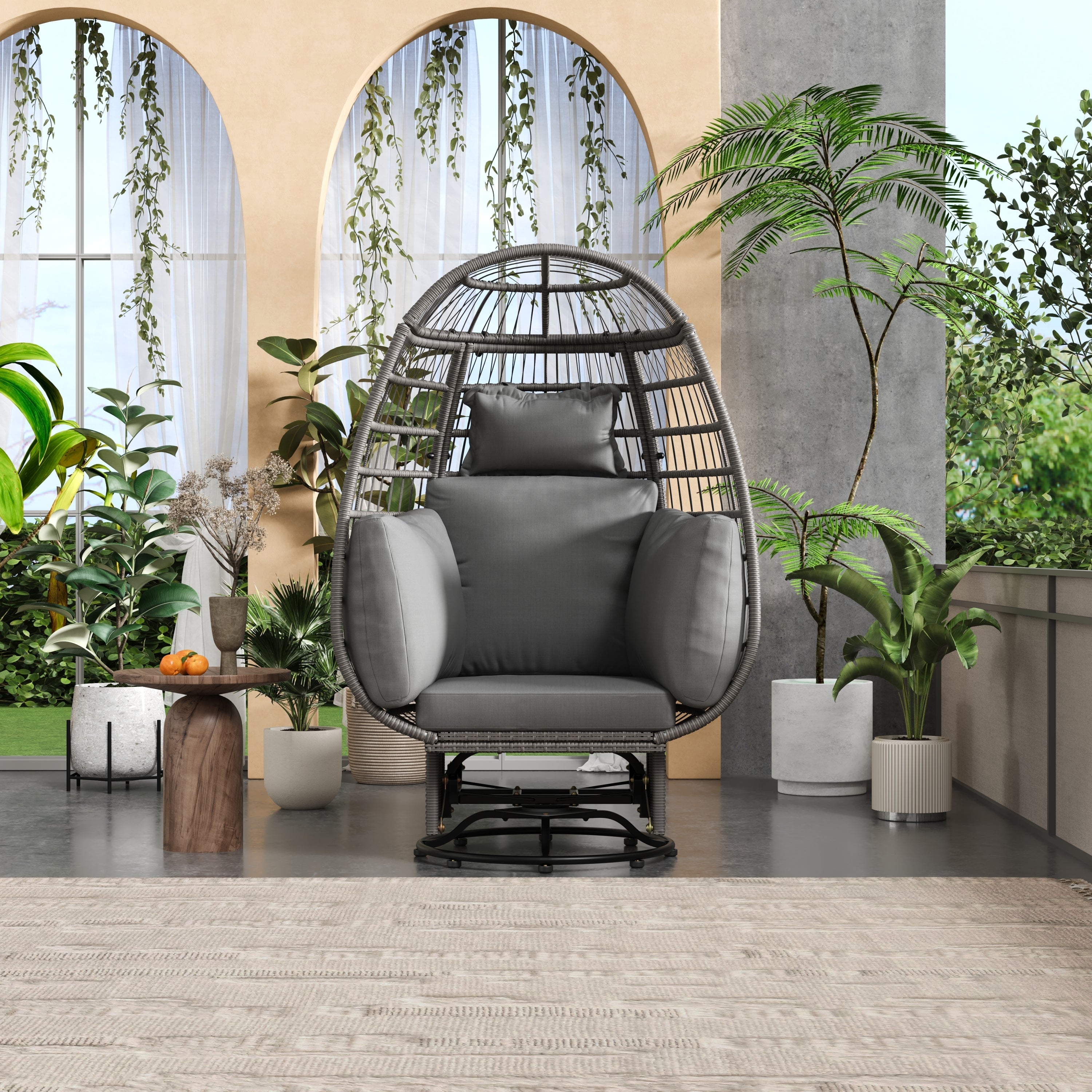 🆓🚛 Outdoor Swivel Chair With Cushions, Rattan Egg Patio Chair With Rocking Function for Balcony, Poolside and Garden, Gray Wicker + Gray Cushion