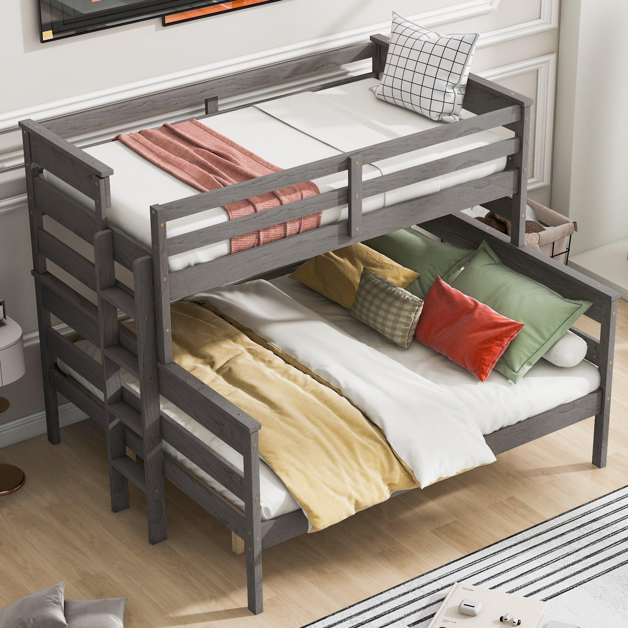 🆓🚛 Wood Twin XL over Queen Bunk Bed with Ladder, Gray
