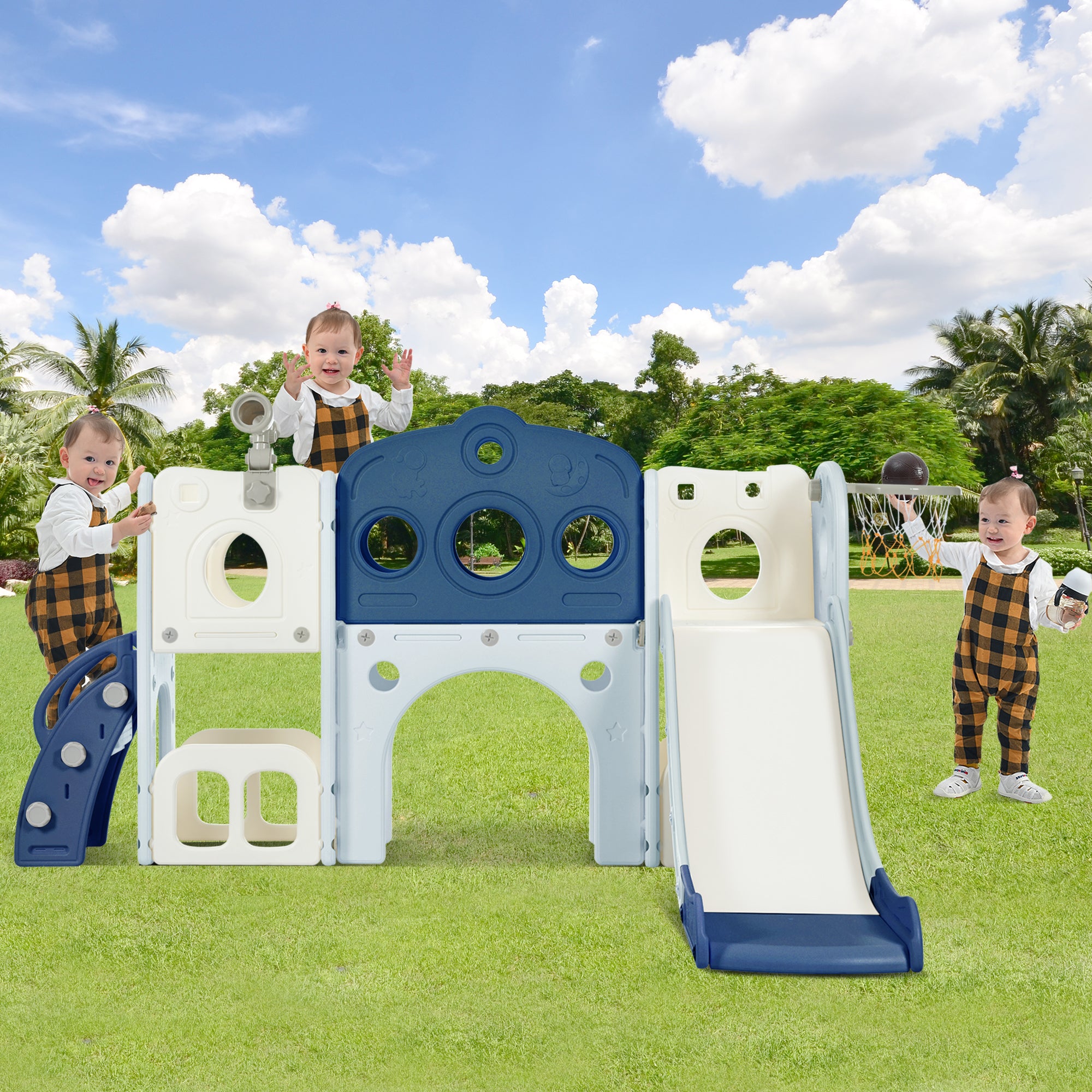 🆓🚛 7 In 1 Toddler Slide Set, Freestanding Spaceship Set With Slide, Kids Slide Playset Structure, Arch Tunnel and Basketball Hoop, Toy Storage Organizer for Toddlers, Kids Climbers Playground