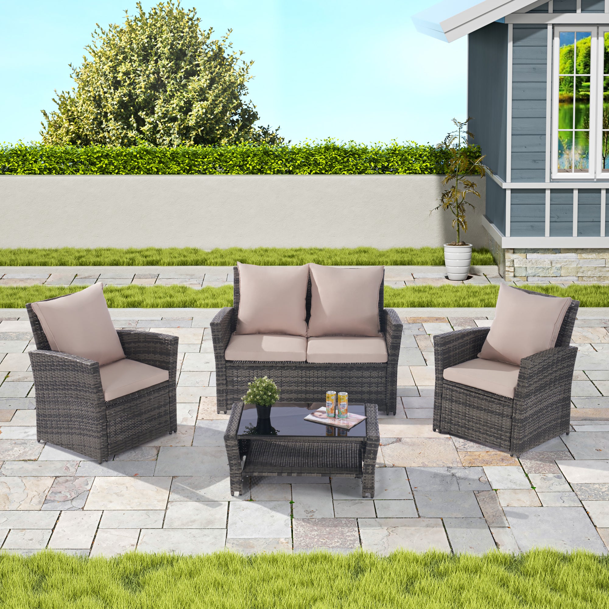 4 Pieces Outdoor Patio Furniture Sets Garden Rattan Chair Wicker Set, Poolside Lawn Chairs With Tempered Glass Coffee Table Porch Furniture,  Gray Rattan +  Sand Color Cushion